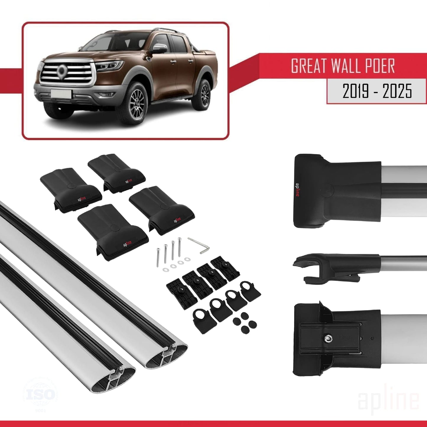 Compatible with Great Wall Poer 2019-2025 FLY Model Car Roof Rack Cross Bar Grey Aluminium 2 Bars