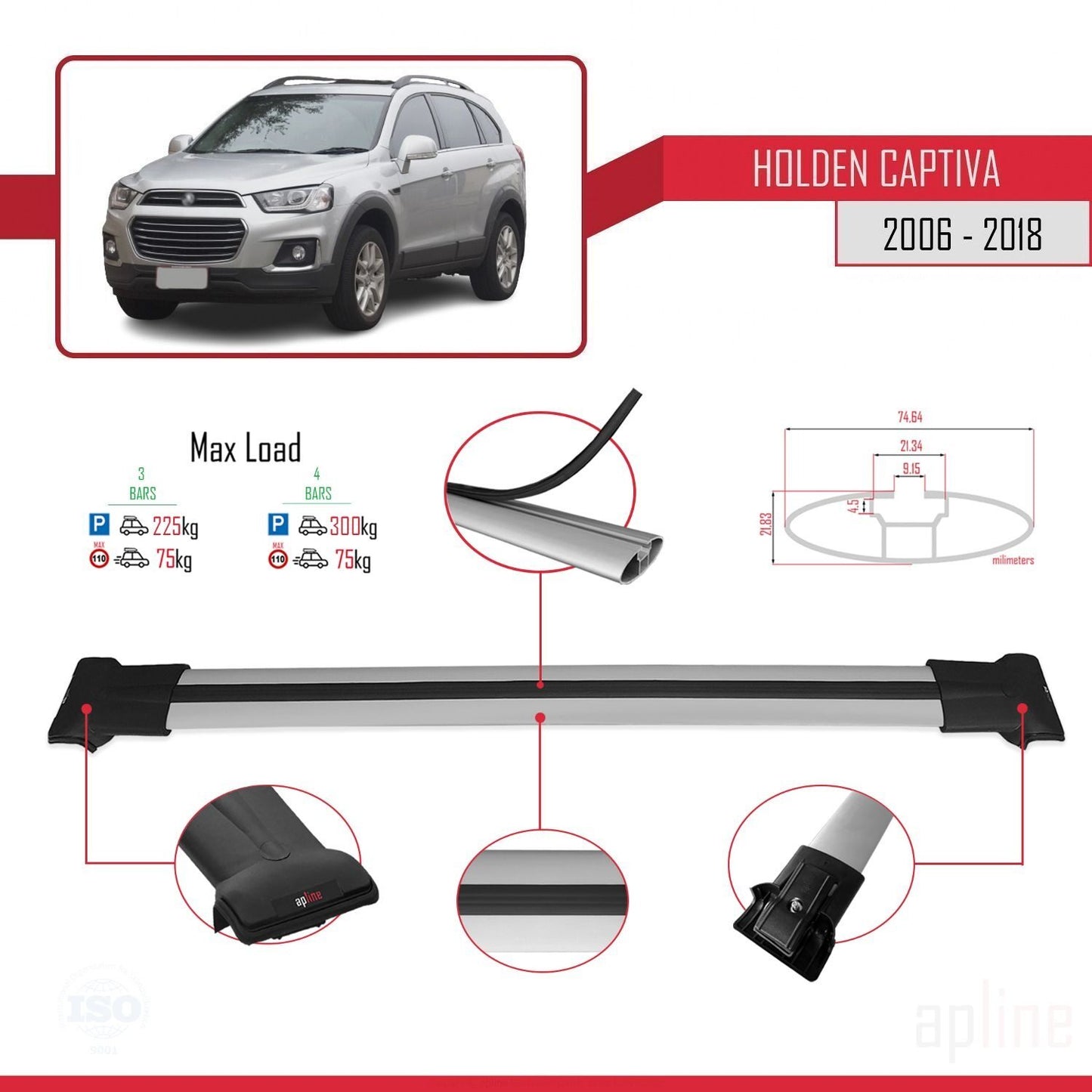 Compatible con Holden Captiva 2006-2018 FLY Model Barras de Techo Auto Portaequipajes Barras Transversales Gris Aluminio 3 Barras