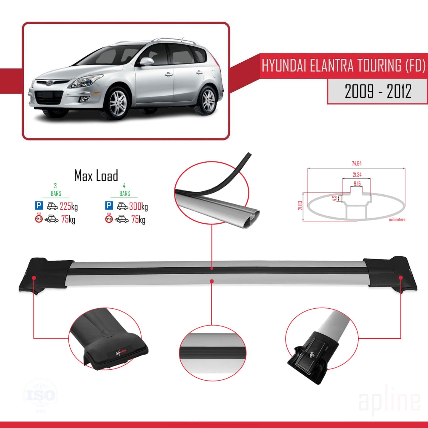 Compatible with Hyundai Elantra Touring (FD) 2009-2012 FLY Model Car Roof Rack Cross Bar Grey Aluminium 3 Bars