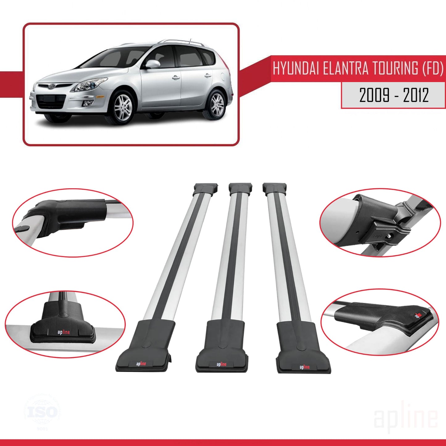 Compatible with Hyundai Elantra Touring (FD) 2009-2012 FLY Model Car Roof Rack Cross Bar Grey Aluminium 3 Bars