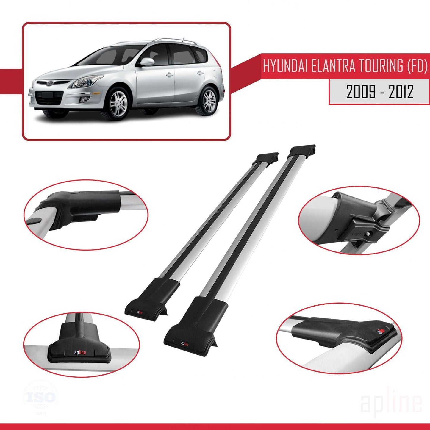 Compatible with Hyundai Elantra Touring (FD) 2009-2012 FLY Model Car Roof Rack Cross Bar Grey Aluminium 2 Bars