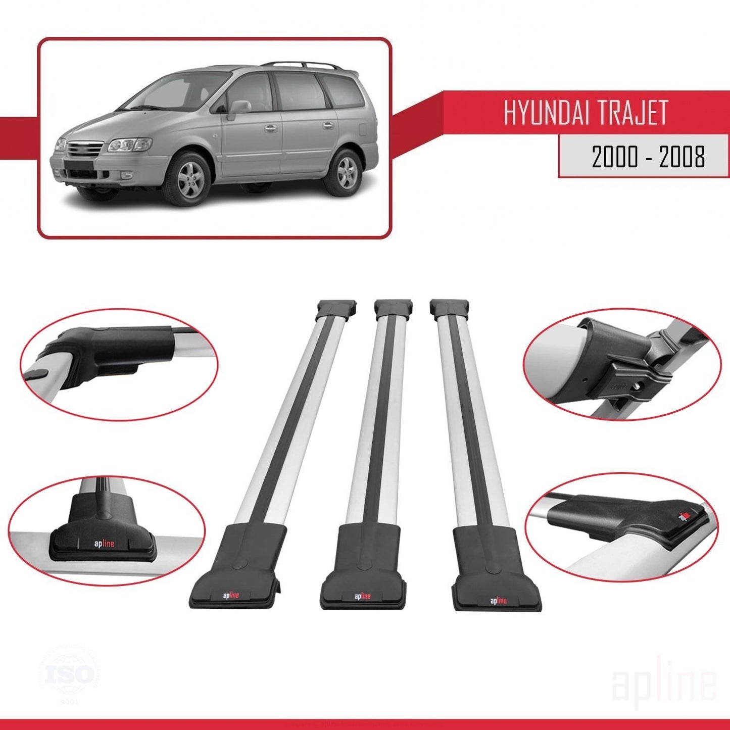 Compatible avec Hyundai Trajet 2000-2008 FLY Model Barres de Toit Railing Porte-Bagages de Voiture Gris Aluminium 3 Barres