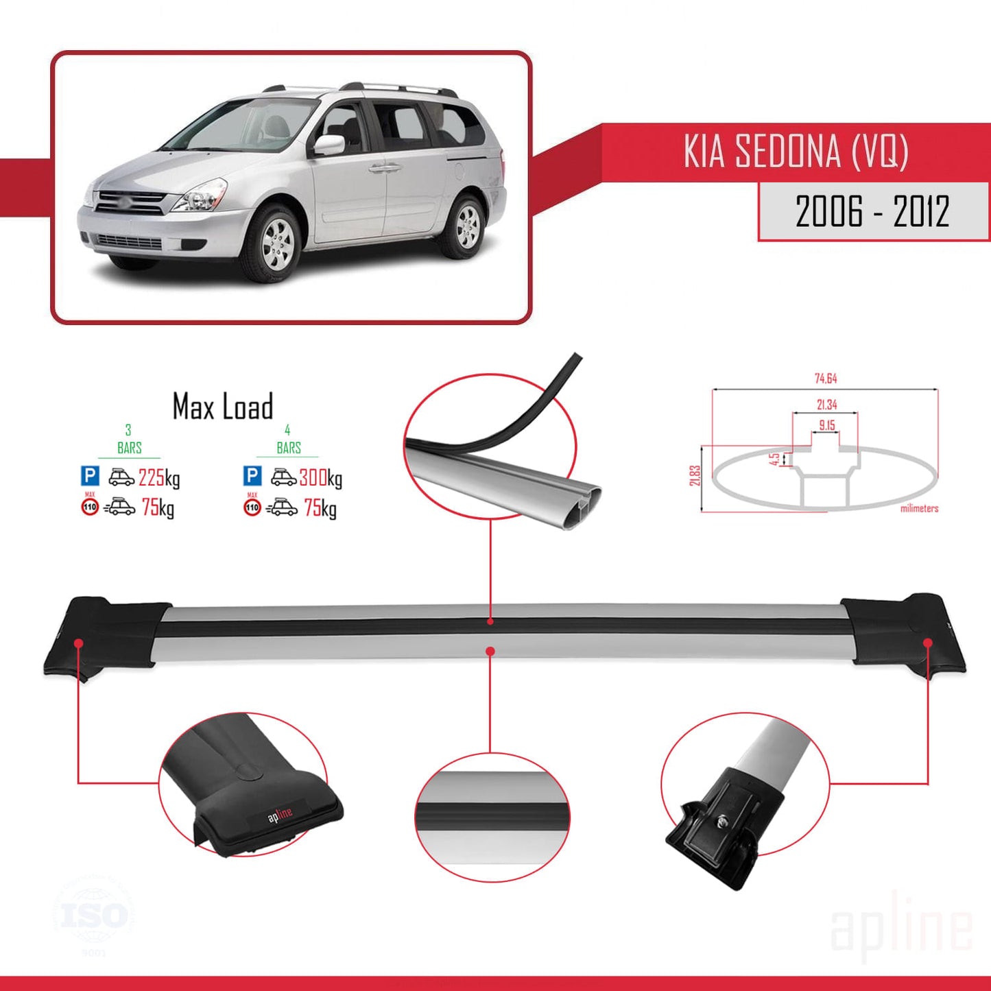 Compatible avec Kia Sedona 2 (VQ) 2006-2012 FLY Model Barres de Toit Railing Porte-Bagages de Voiture Gris Aluminium 3 Barres