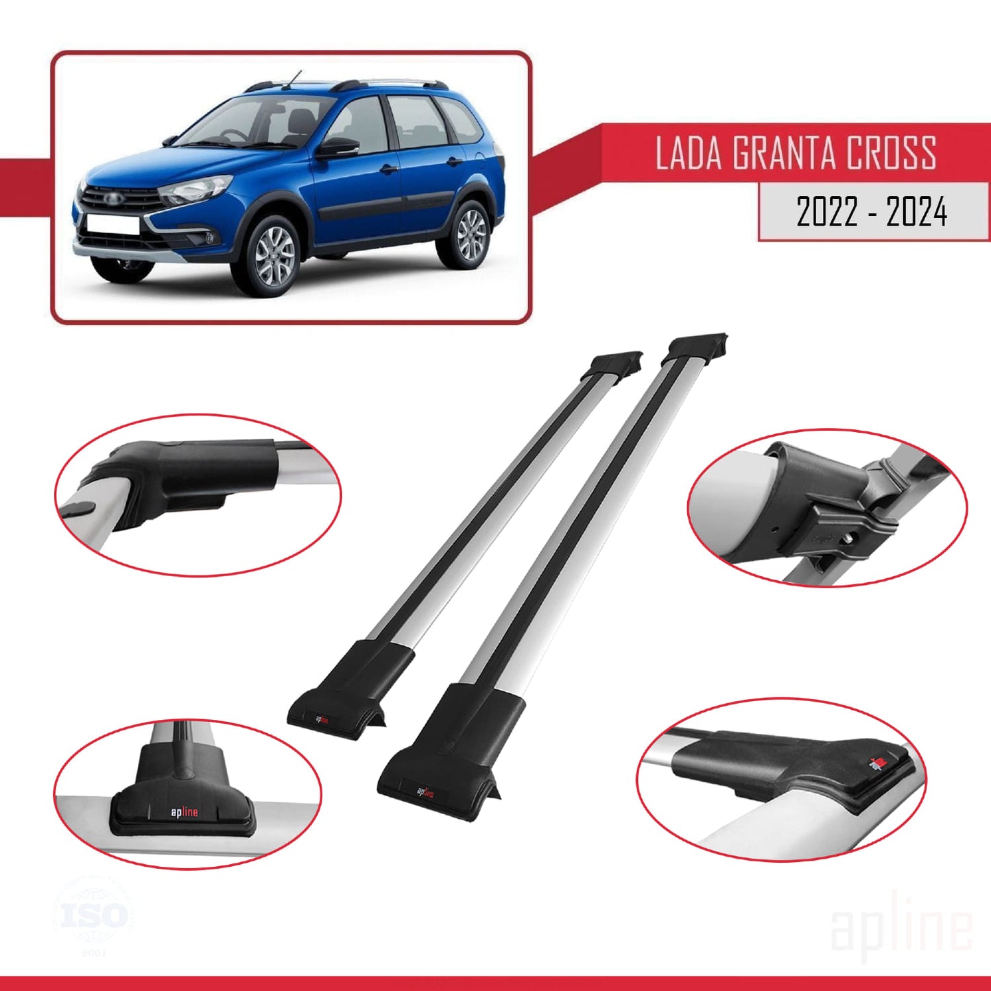 Compatible avec Lada Granta Cross 2022-2024 FLY Model Barres de Toit Railing Porte-Bagages de Voiture Gris Aluminium 2 Barres