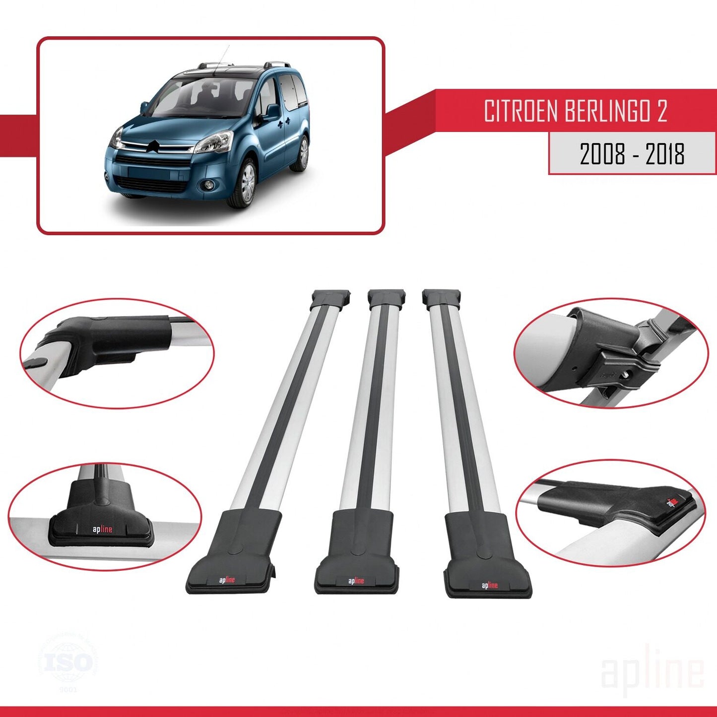 Compatible con Citroen Berlingo 2 (B9) 2008-2018 FLY Model Barras de Techo Auto Portaequipajes Barras Transversales Gris Aluminio 3 Barras