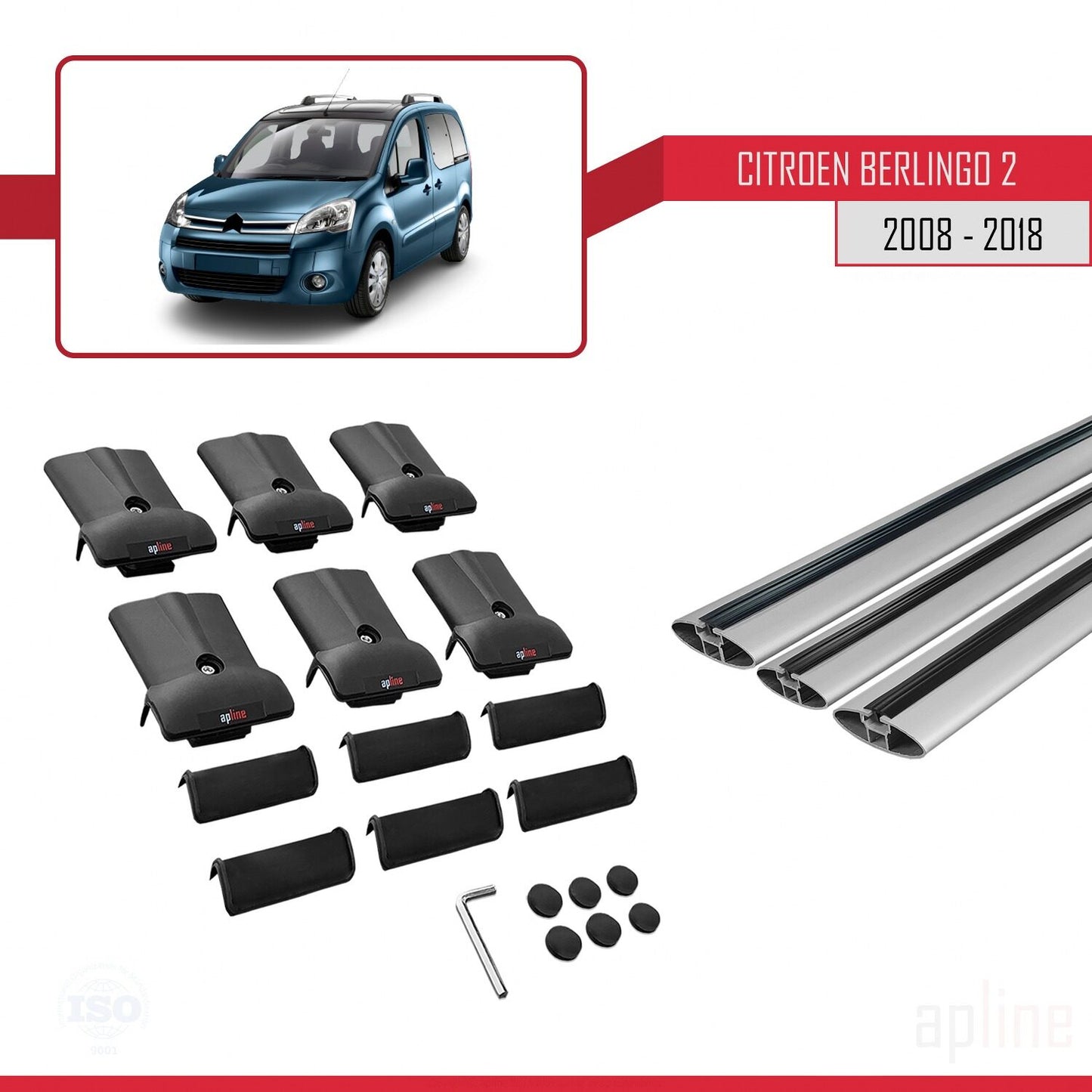 Compatible con Citroen Berlingo 2 (B9) 2008-2018 FLY Model Barras de Techo Auto Portaequipajes Barras Transversales Gris Aluminio 3 Barras