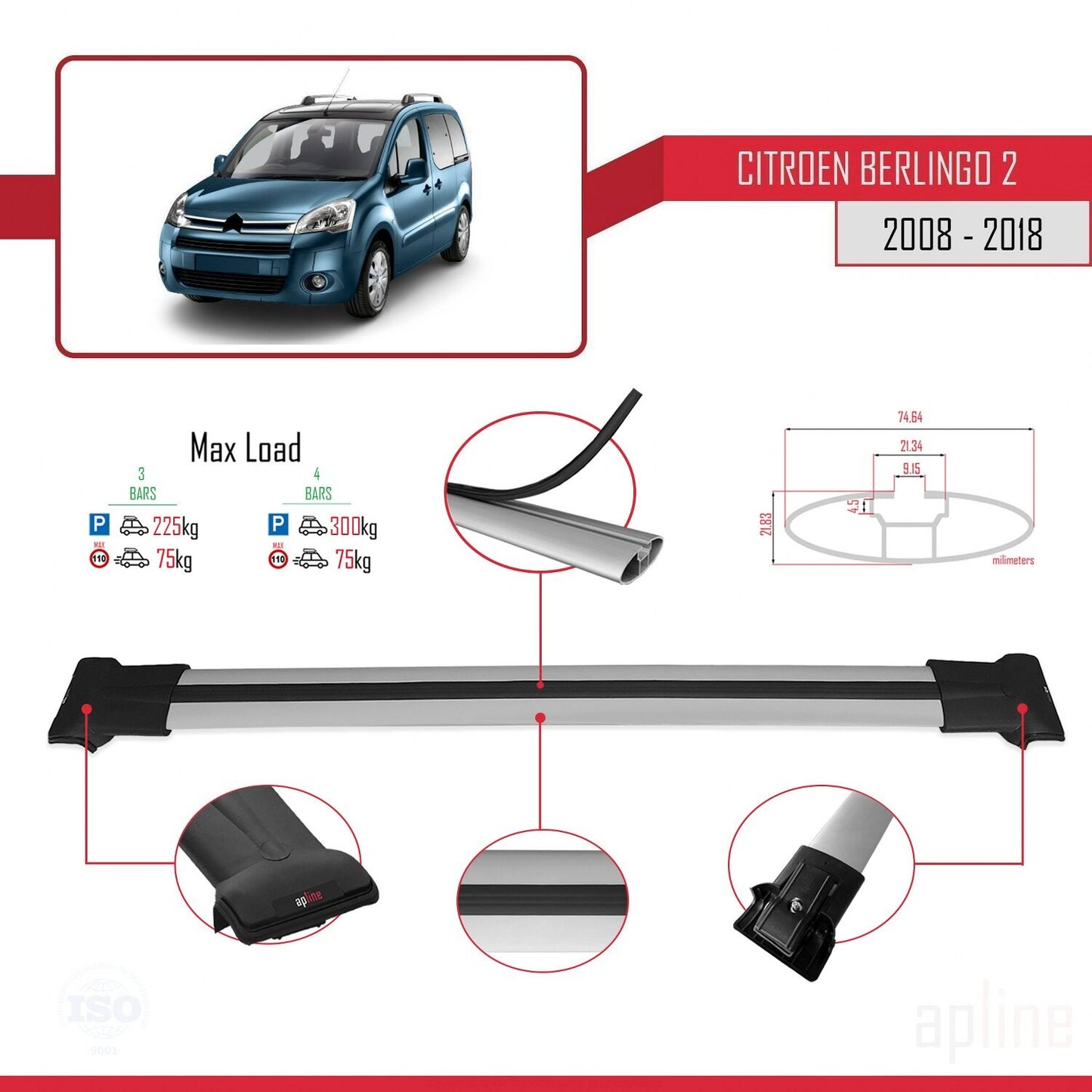 Compatible with Citroen Berlingo 2 (B9) 2008-2018 FLY Model Car Roof Rack Cross Bar Grey Aluminium 4 Bars