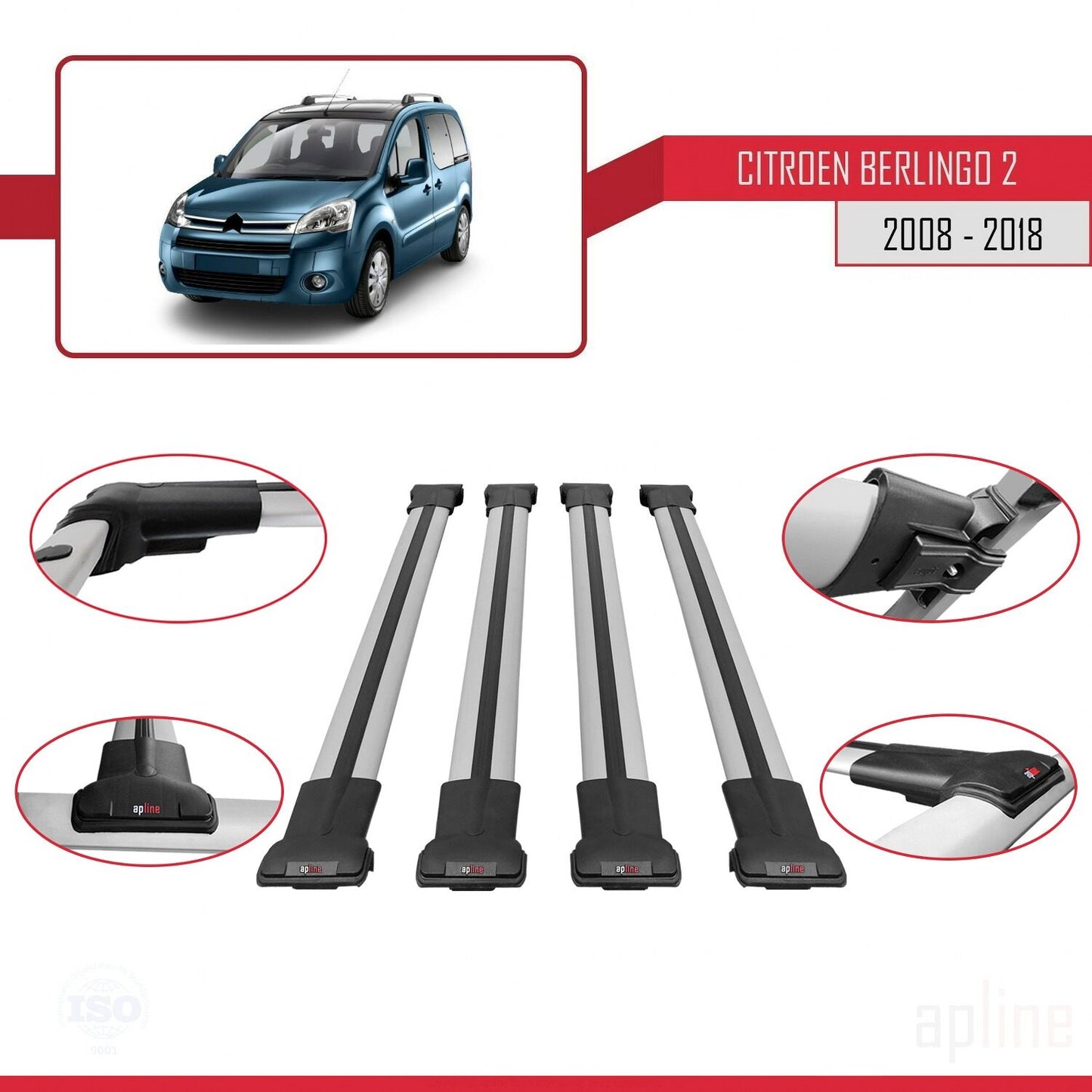 Compatible with Citroen Berlingo 2 (B9) 2008-2018 FLY Model Car Roof Rack Cross Bar Grey Aluminium 4 Bars