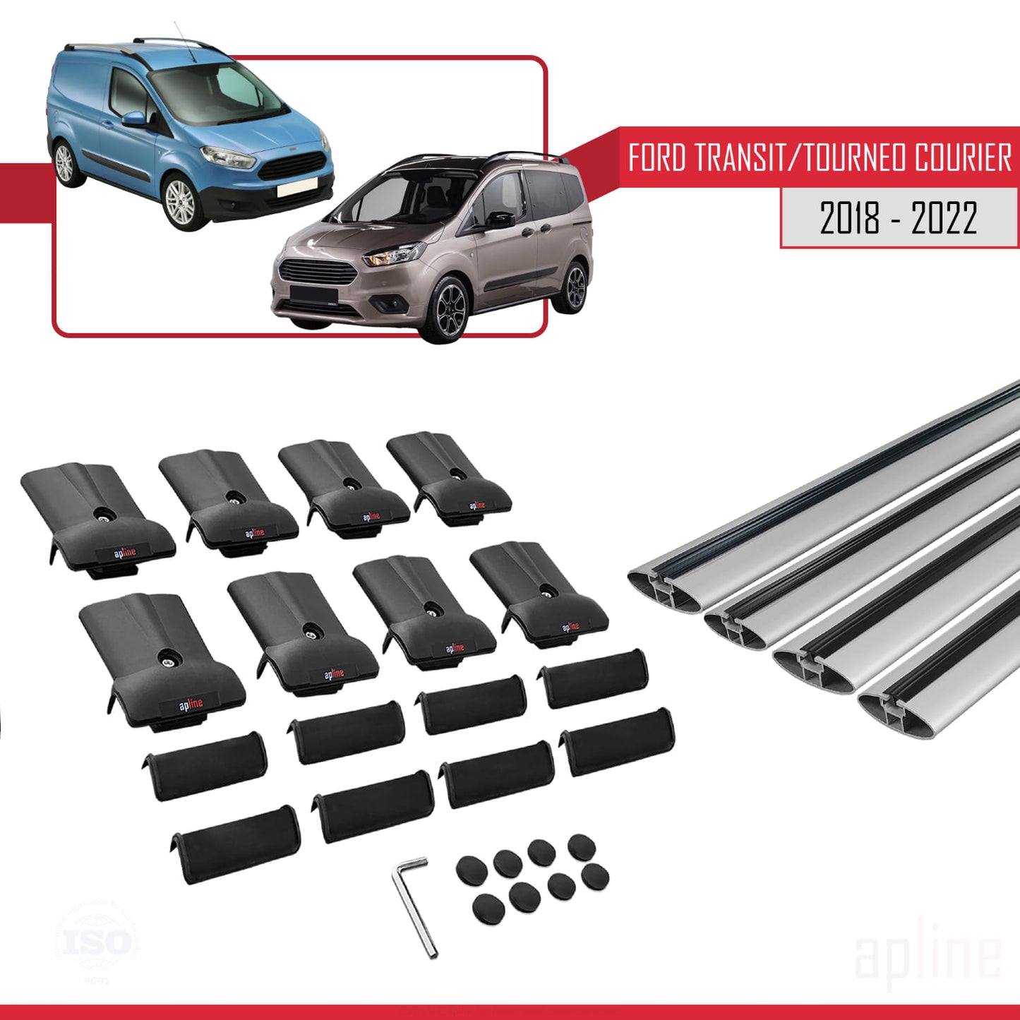 Compatible avec Ford Transit/Tourneo Courier Post-Facelift 2018-2022 FLY Model Barres de Toit Railing Porte-Bagages de Voiture Gris Aluminium 4 Barres