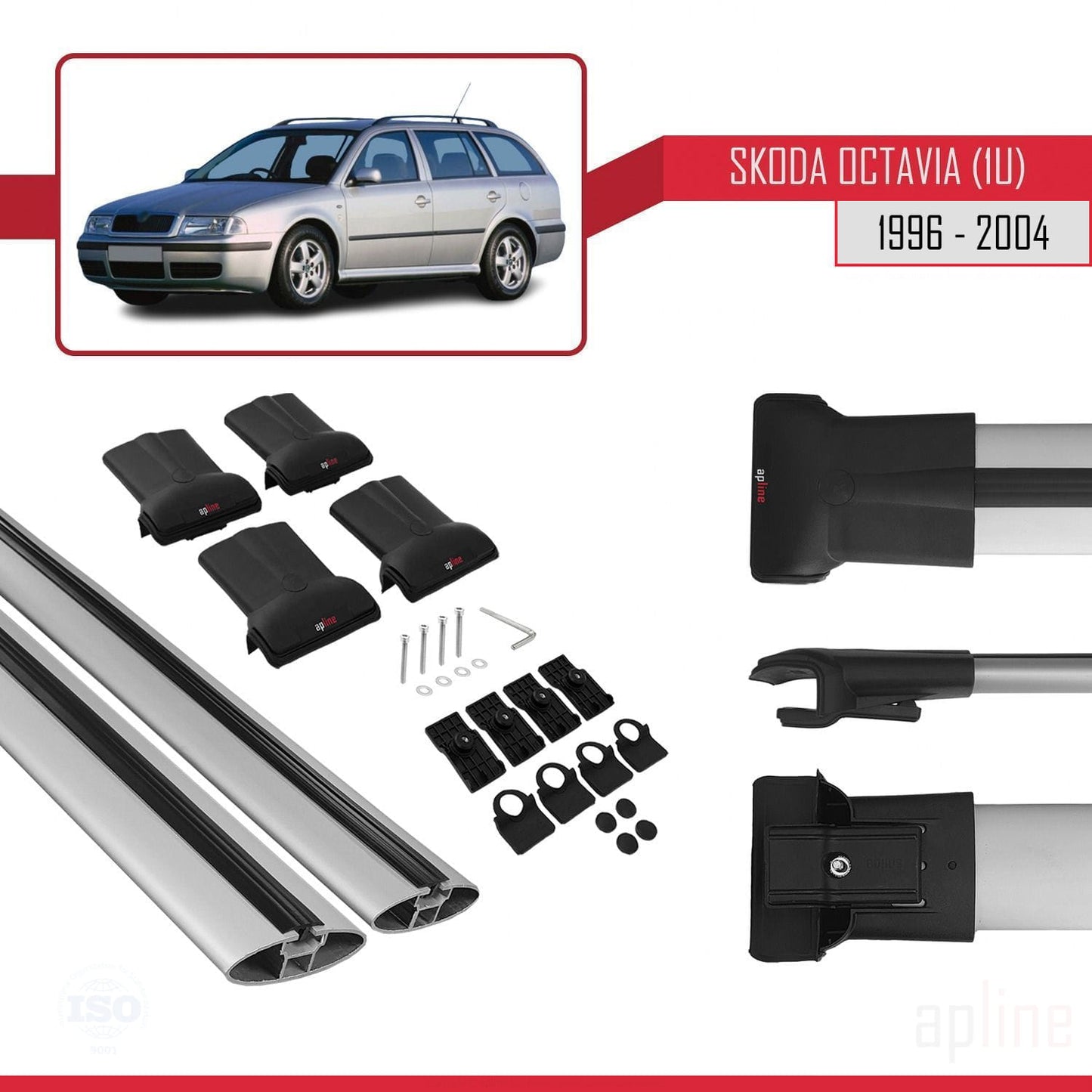 Compatible avec Skoda Octavia (1U) 1996-2004 FLY Model Barres de Toit Railing Porte-Bagages de Voiture Gris Aluminium 2 Barres