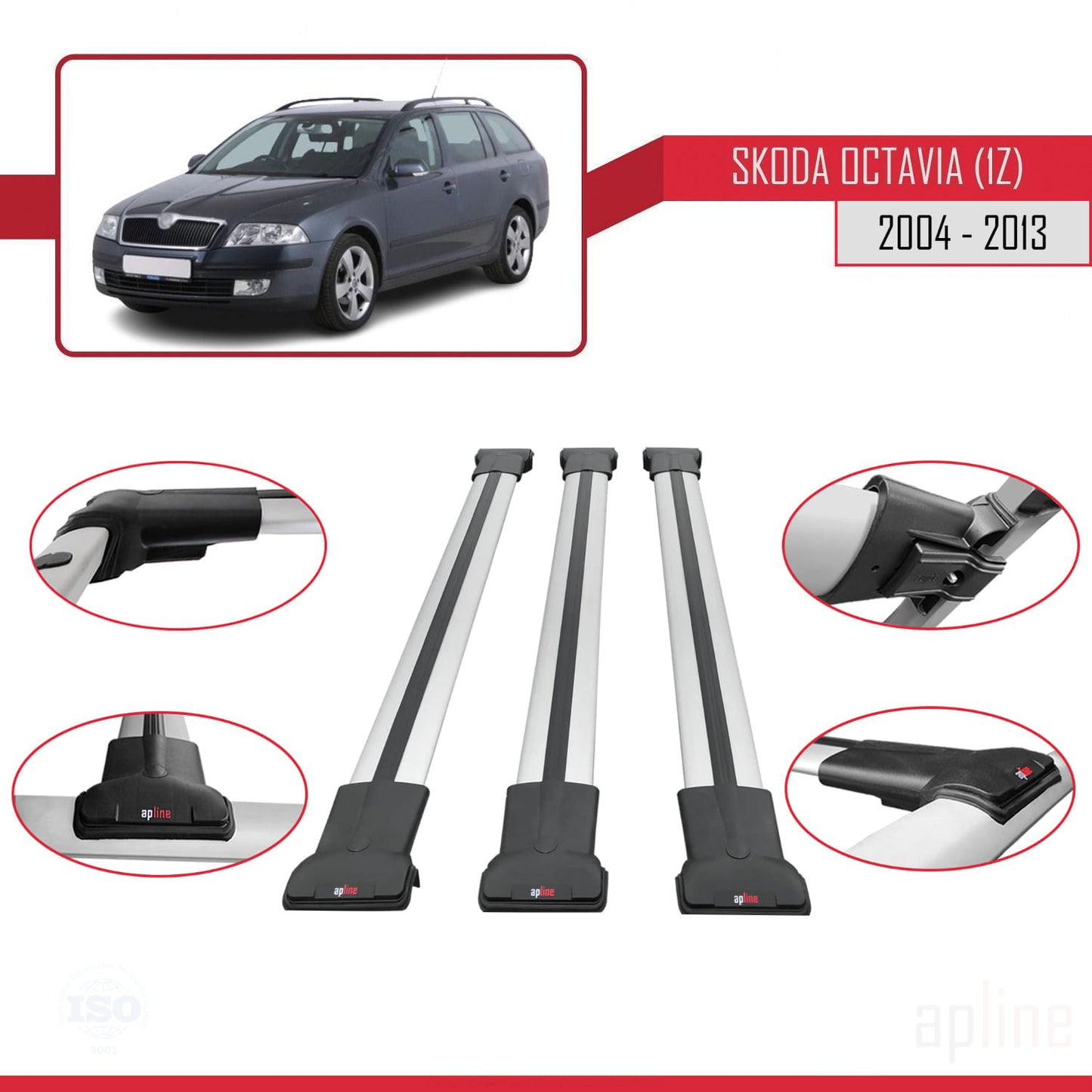 Compatible avec Skoda Octavia 2 (1Z) 2004-2013 FLY Model Barres de Toit Railing Porte-Bagages de Voiture Gris Aluminium 3 Barres