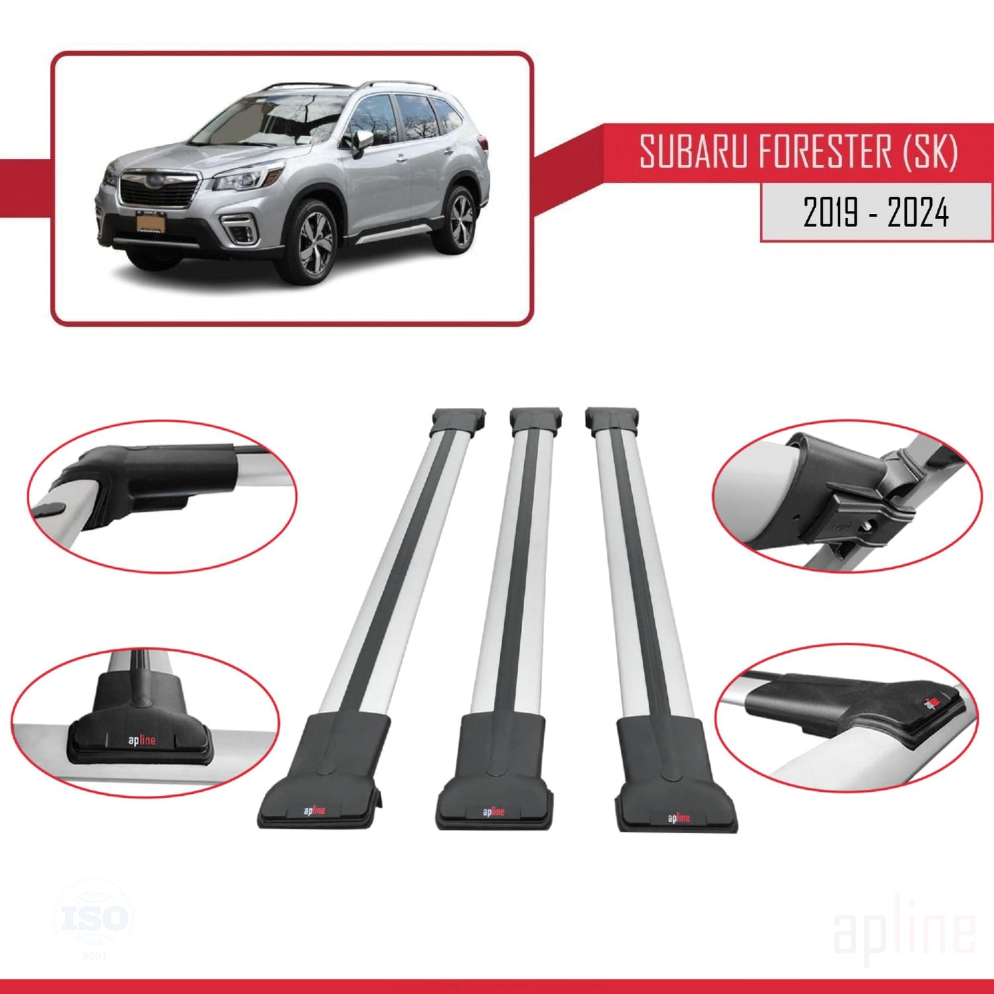 Compatible avec Subaru Forester 5 (SK) 2019-2024 FLY Model Barres de Toit Railing Porte-Bagages de Voiture Gris Aluminium 3 Barres
