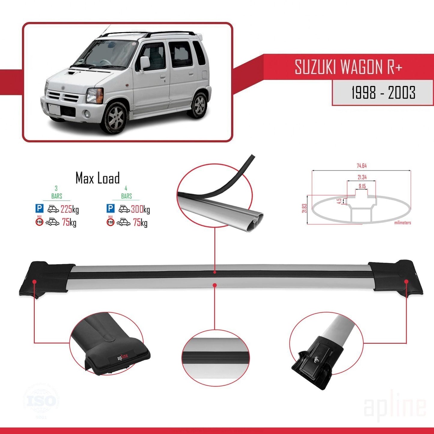 Compatible avec Suzuki Wagon R+ 1998-2003 FLY Model Barres de Toit Railing Porte-Bagages de Voiture Gris Aluminium 3 Barres