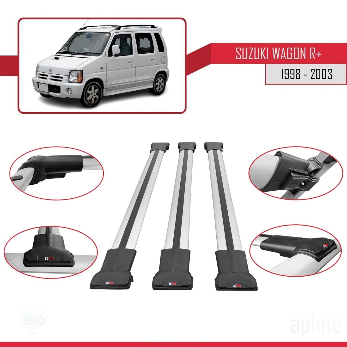 Compatible avec Suzuki Wagon R+ 1998-2003 FLY Model Barres de Toit Railing Porte-Bagages de Voiture Gris Aluminium 3 Barres