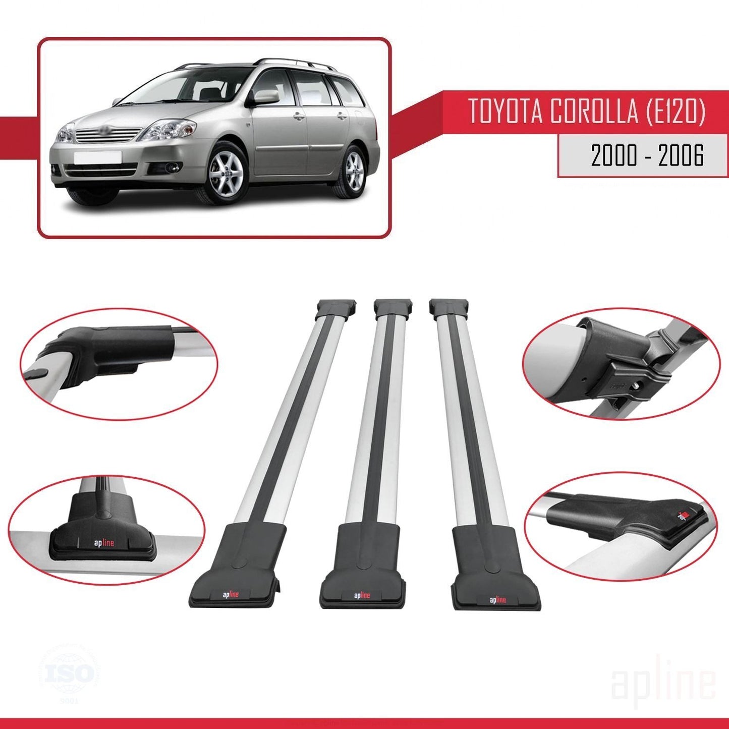 Compatible avec Toyota Corolla 9 (E120) Break 2000-2006 FLY Model Barres de Toit Railing Porte-Bagages de Voiture Gris Aluminium 3 Barres