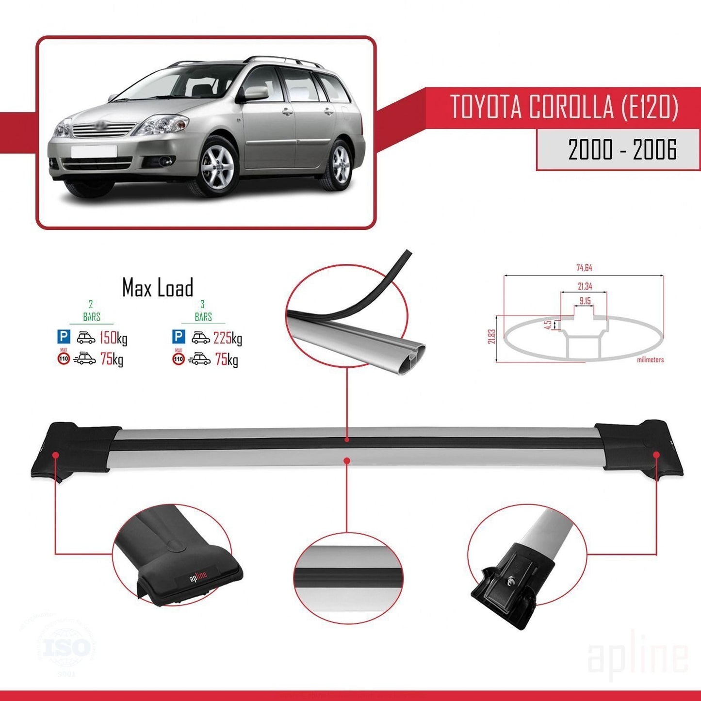 Compatible avec Toyota Corolla 9 (E120) Break 2000-2006 FLY Model Barres de Toit Railing Porte-Bagages de Voiture Gris Aluminium 2 Barres