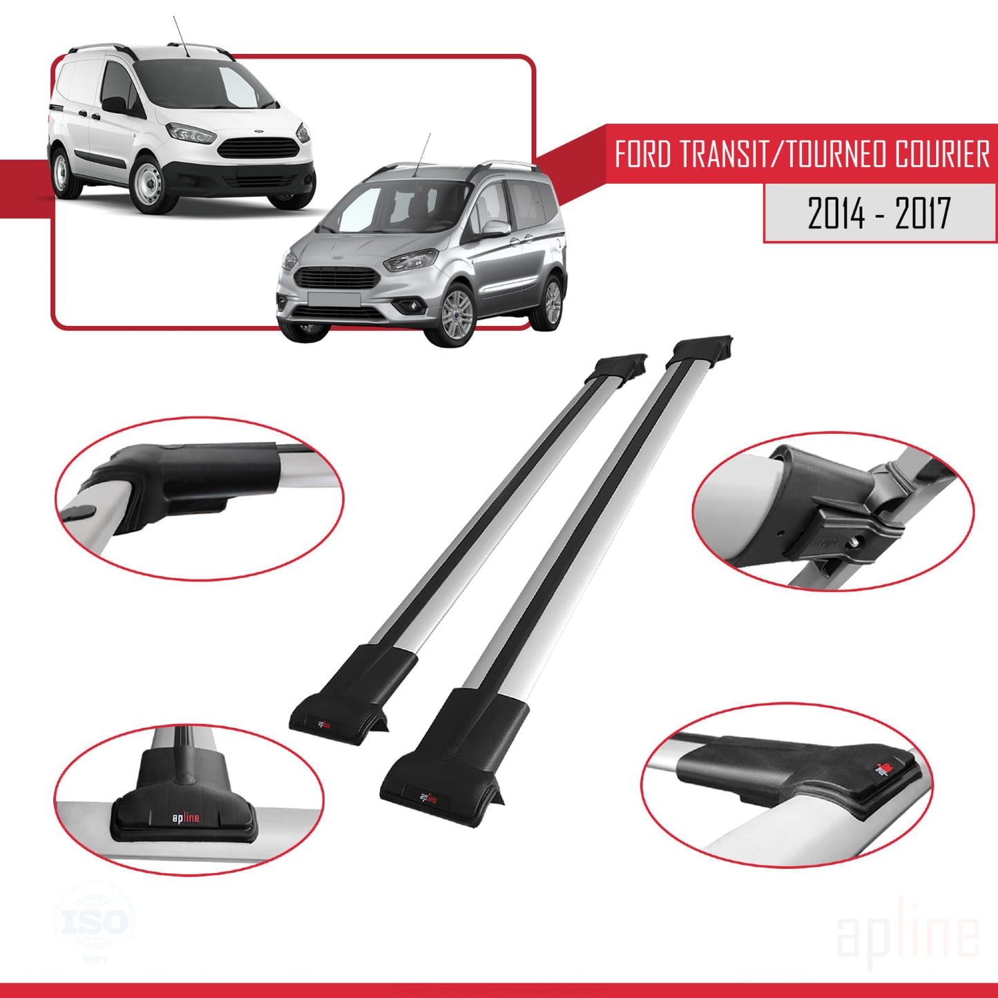 Compatible avec Ford Transit/Tourneo Courier Pre-Facelift 2014-2017 FLY Model Barres de Toit Railing Porte-Bagages de Voiture Gris Aluminium 2 Barres