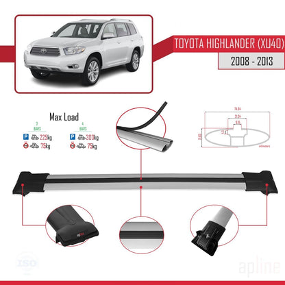 Compatible avec Toyota Highlander (XU40) 2008-2013 FLY Model Barres de Toit Railing Porte-Bagages de Voiture Gris Aluminium 3 Barres
