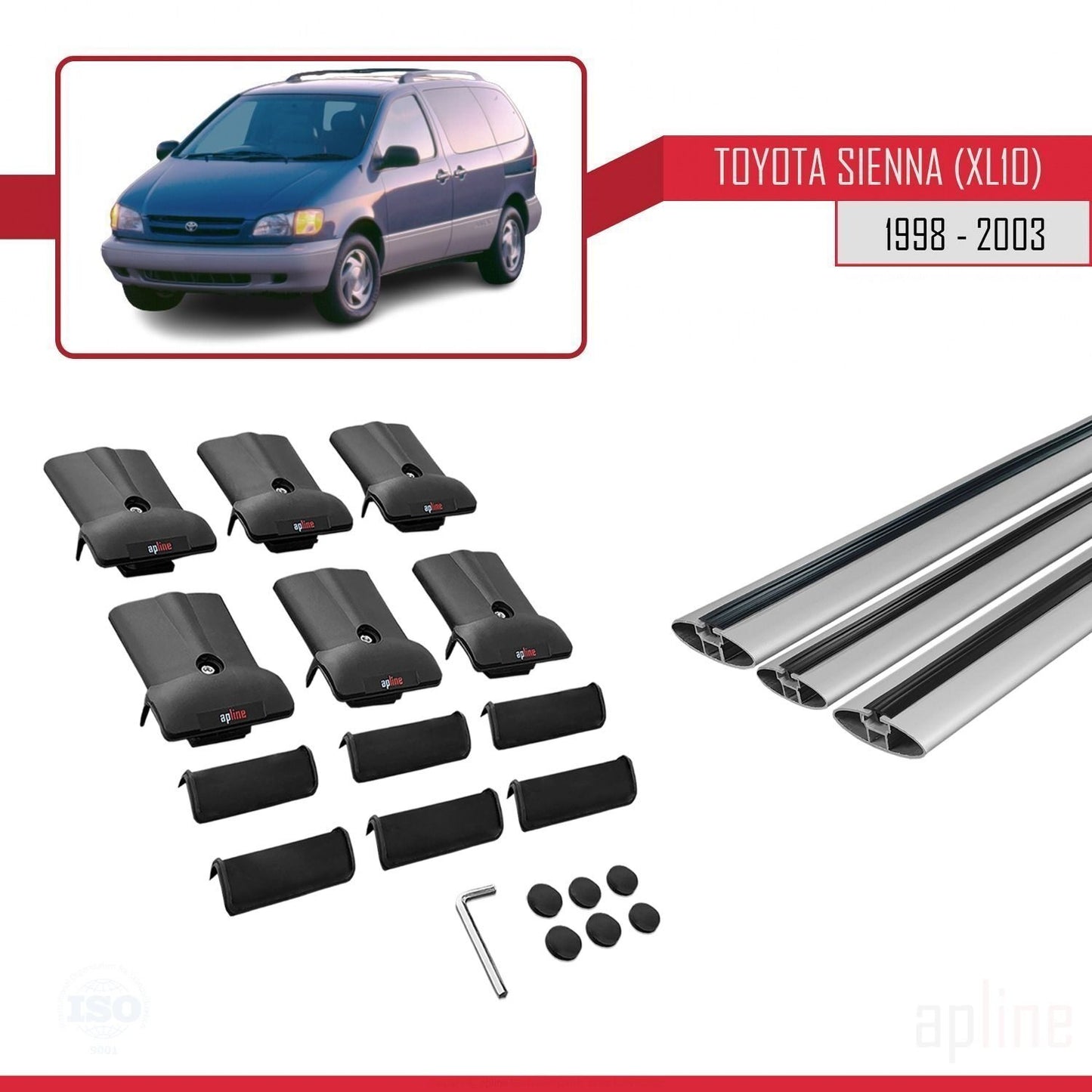Compatible avec Toyota Sienna (XL10) 1998-2003 FLY Model Barres de Toit Railing Porte-Bagages de Voiture Gris Aluminium 3 Barres