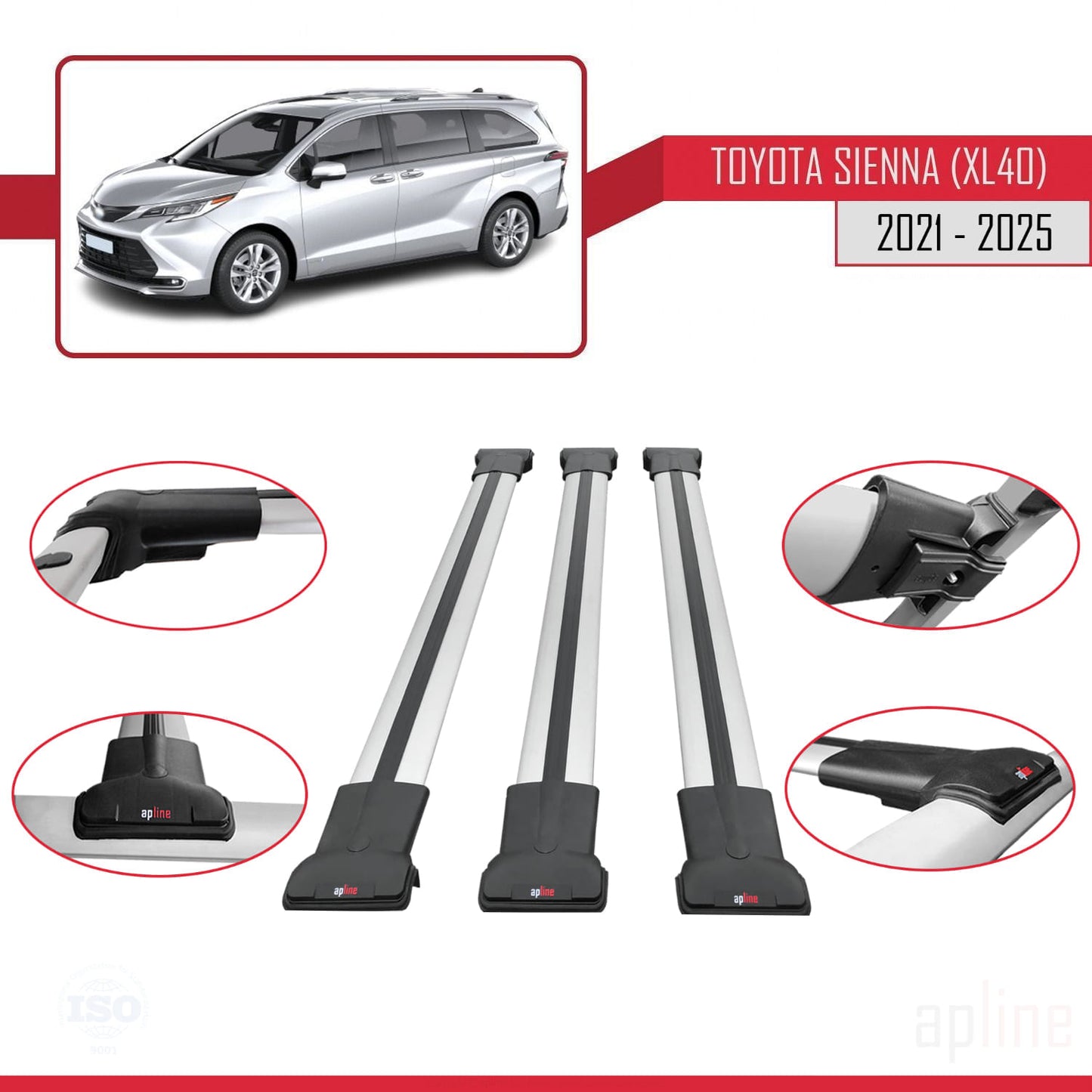 Compatible avec Toyota Sienna 4 (XL40) 2021-2025 FLY Model Barres de Toit Railing Porte-Bagages de Voiture Gris Aluminium 3 Barres
