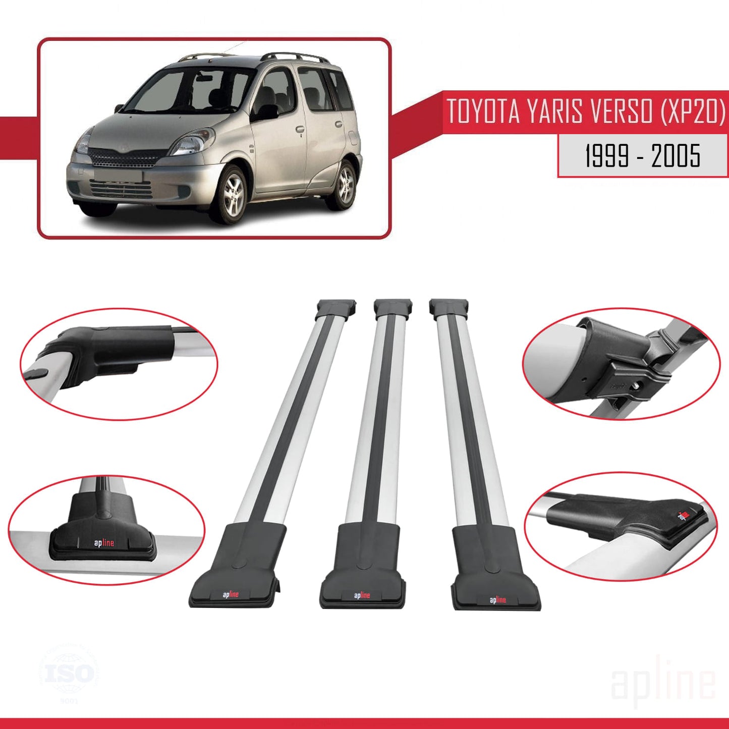 Compatible avec Toyota Yaris Verso (XP20) 1999-2005 FLY Model Barres de Toit Railing Porte-Bagages de Voiture Gris Aluminium 3 Barres