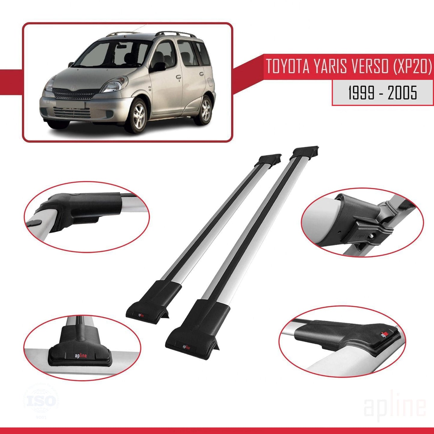Compatible avec Toyota Yaris Verso (XP20) 1999-2005 FLY Model Barres de Toit Railing Porte-Bagages de Voiture Gris Aluminium 2 Barres