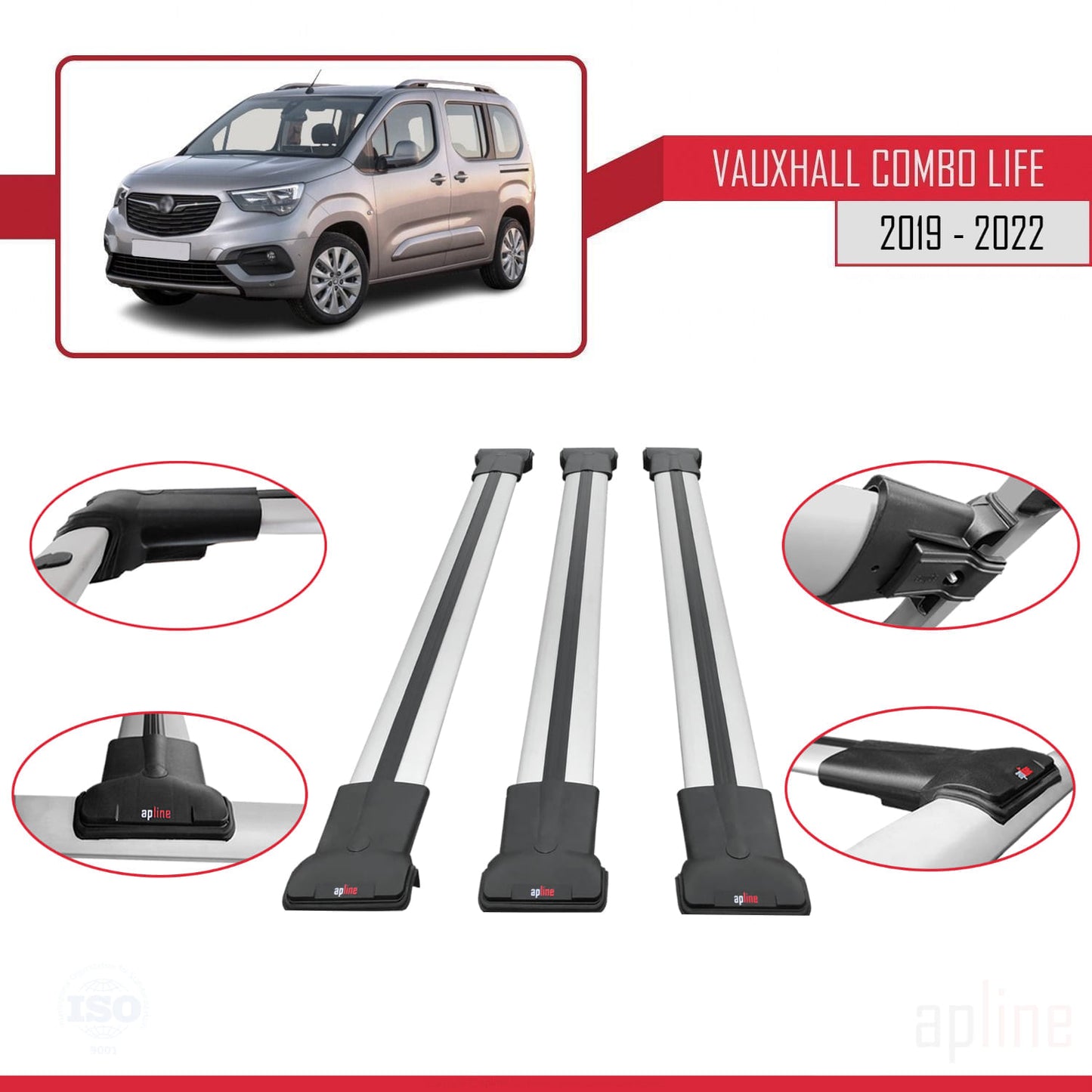 Compatible avec Vauxhall Combo E Life 2019-2022 FLY Model Barres de Toit Railing Porte-Bagages de Voiture Gris Aluminium 3 Barres