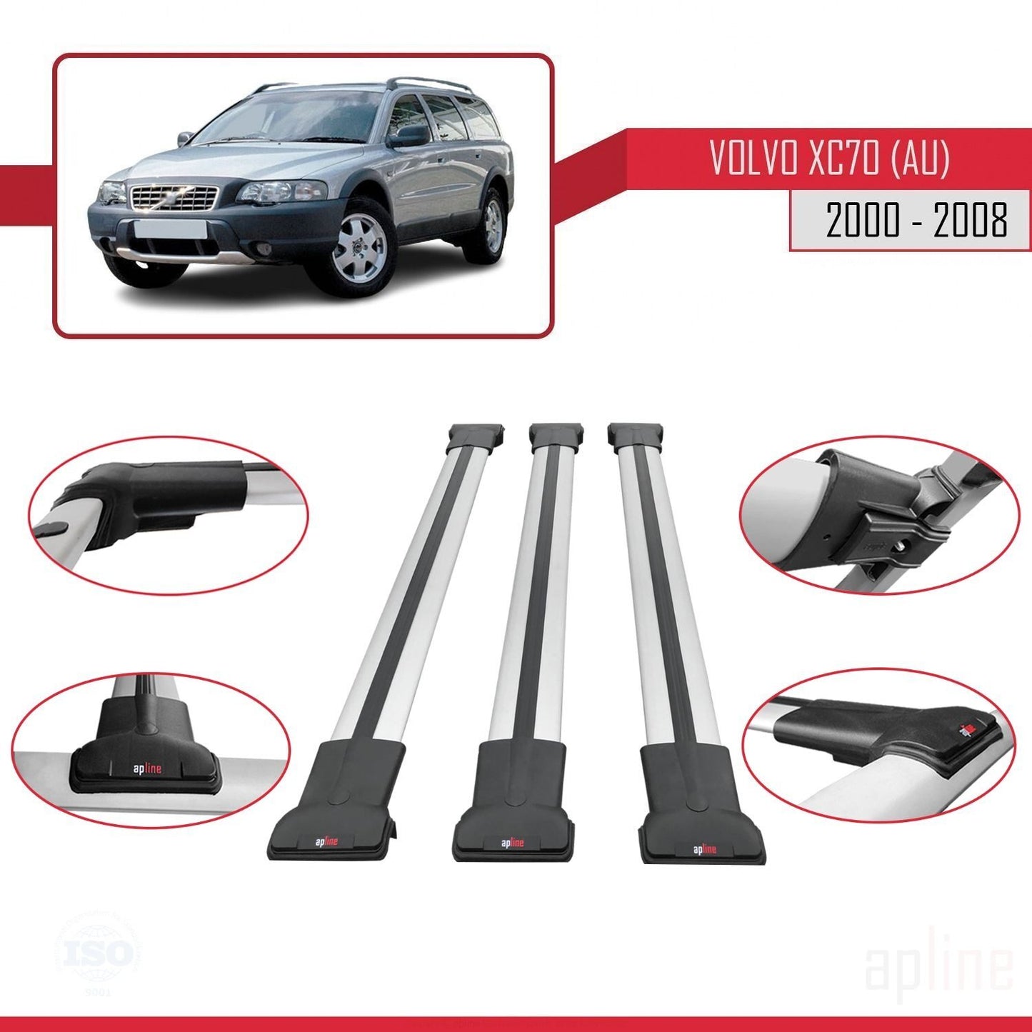 Compatible avec Volvo XC70 (P2) 2000-2007 FLY Model Barres de Toit Railing Porte-Bagages de Voiture Gris Aluminium 3 Barres