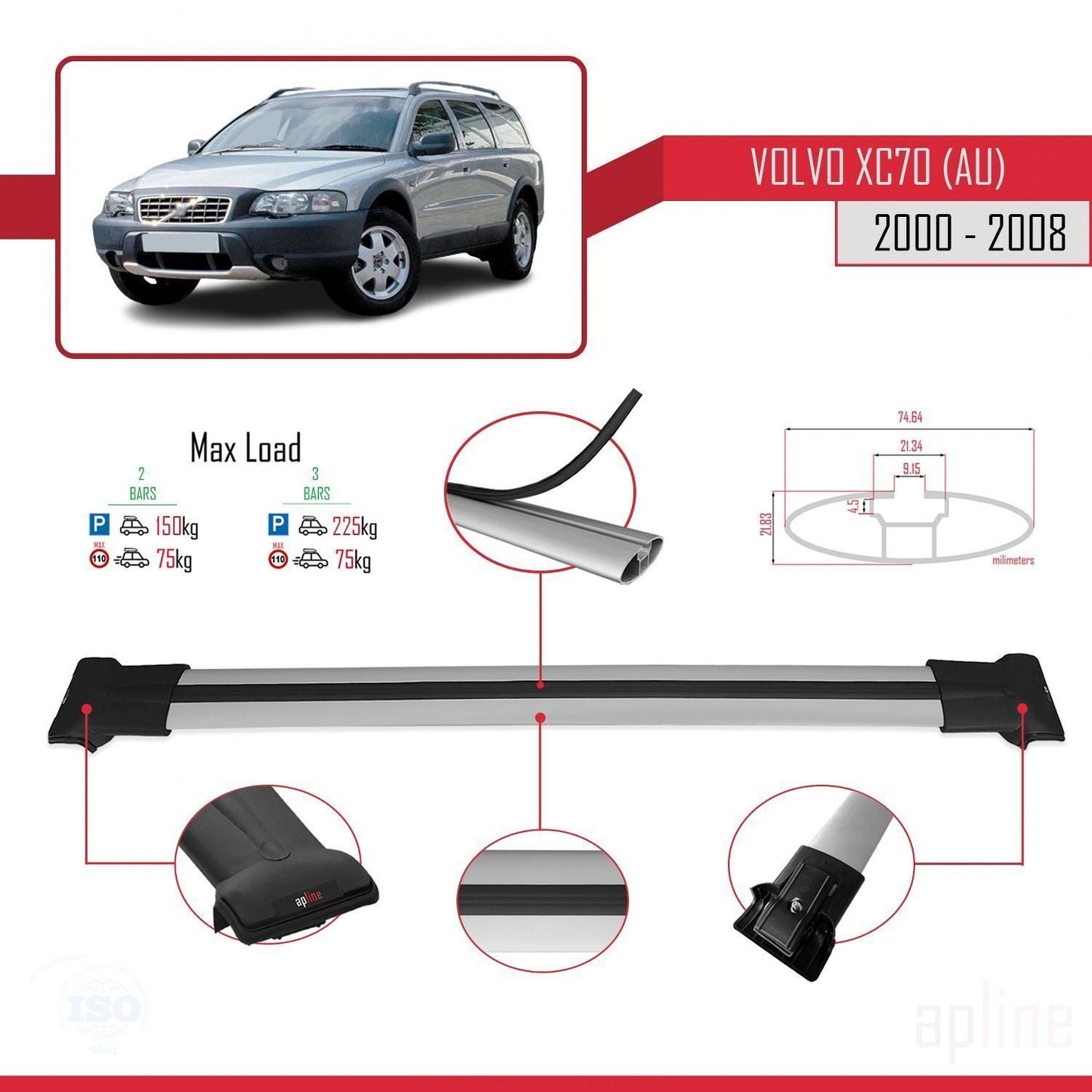 Compatible avec Volvo XC70 (P2) 2000-2007 FLY Model Barres de Toit Railing Porte-Bagages de Voiture Gris Aluminium 2 Barres