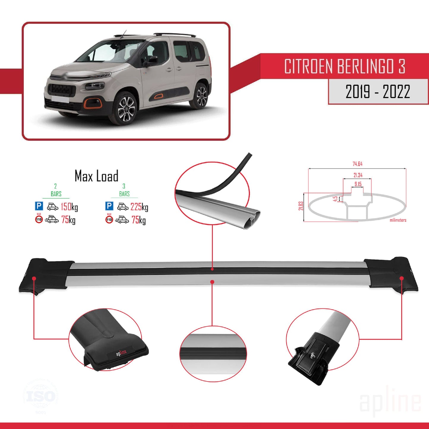 Compatible with Citroen Berlingo 3 (K9) 2019-2022 FLY Model Car Roof Rack Cross Bar Grey Aluminium 2 Bars