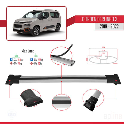 Compatible with Citroen Berlingo 3 (K9) 2019-2022 FLY Model Car Roof Rack Cross Bar Grey Aluminium 2 Bars