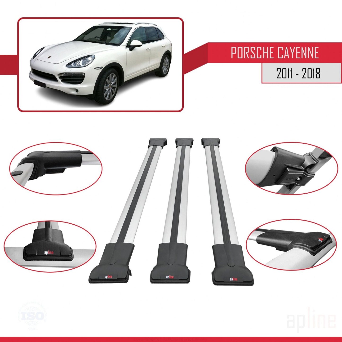 Compatible avec Porsche Cayenne 2 (92A) 2011-2018 FLY Model Barres de Toit Railing Porte-Bagages de Voiture Gris Aluminium 3 Barres