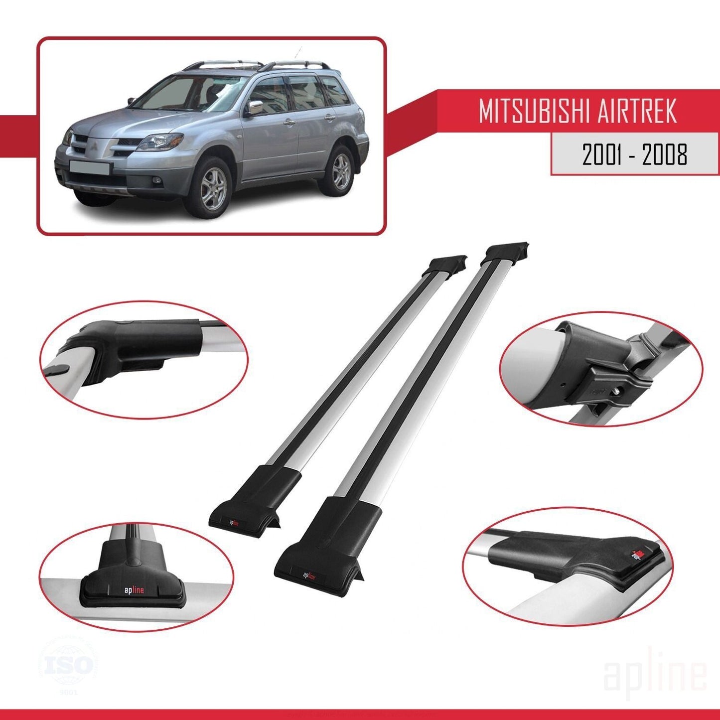 Compatible avec Mitsubishi Airtrek 2001-2008 FLY Model Barres de Toit Railing Porte-Bagages de Voiture Gris Aluminium 2 Barres