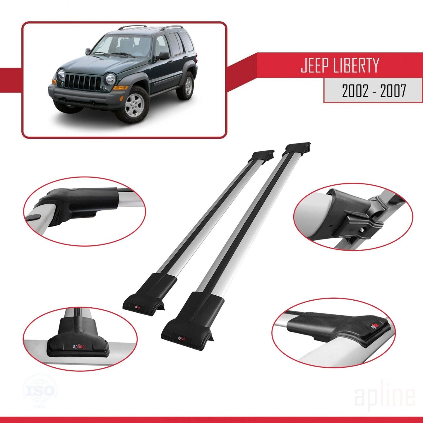 Compatible avec Jeep Liberty 2002-2007 FLY Model Barres de Toit Railing Porte-Bagages de Voiture Gris Aluminium 2 Barres
