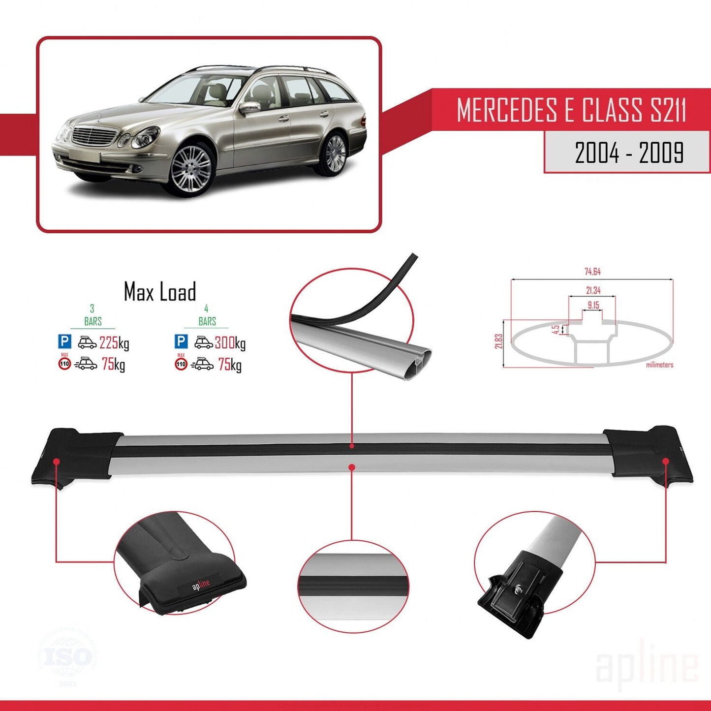 Compatible avec Mercedes Classe E 3 (S211) 2004-2009 FLY Model Barres de Toit Railing Porte-Bagages de Voiture Gris Aluminium 3 Barres