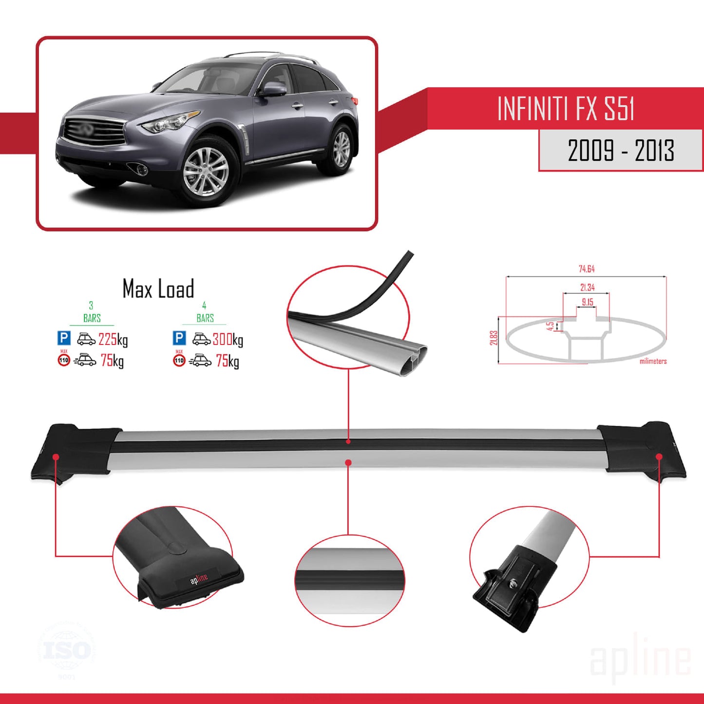 Compatible avec Infiniti FX 2 (S51) 2009-2013 FLY Model Barres de Toit Railing Porte-Bagages de Voiture Gris Aluminium 3 Barres