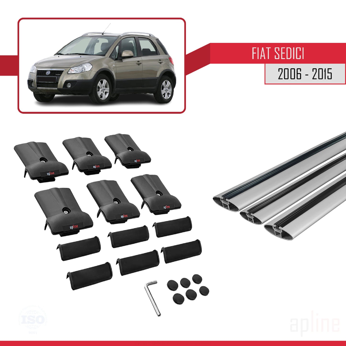 Kompatibel mit Fiat Sedici 2006-2015 FLY Modell Dachgepäckträger, graues Aluminium, 3 Stangen
