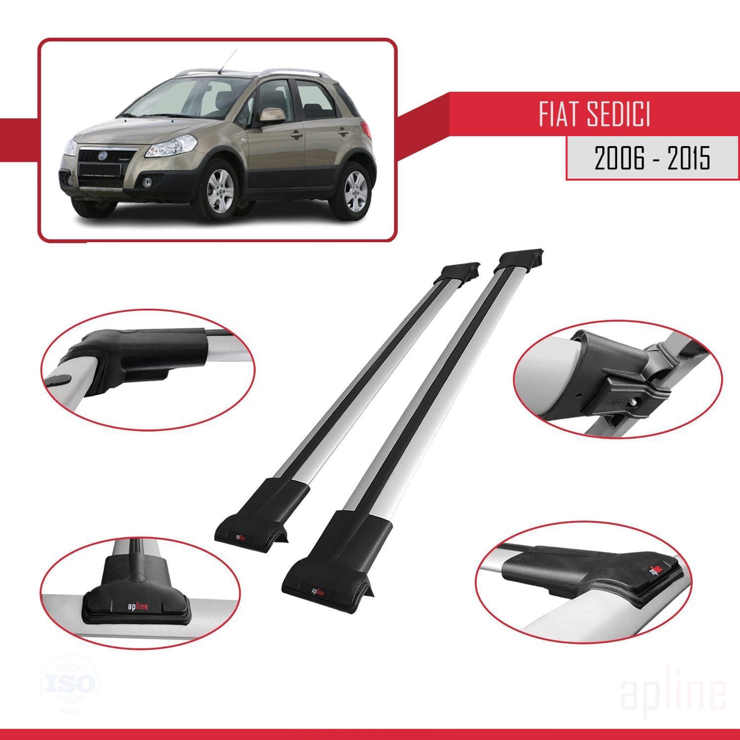 Kompatibel mit Fiat Sedici 2006-2015 FLY Modell Dachgepäckträger, graues Aluminium, 2 Stangen