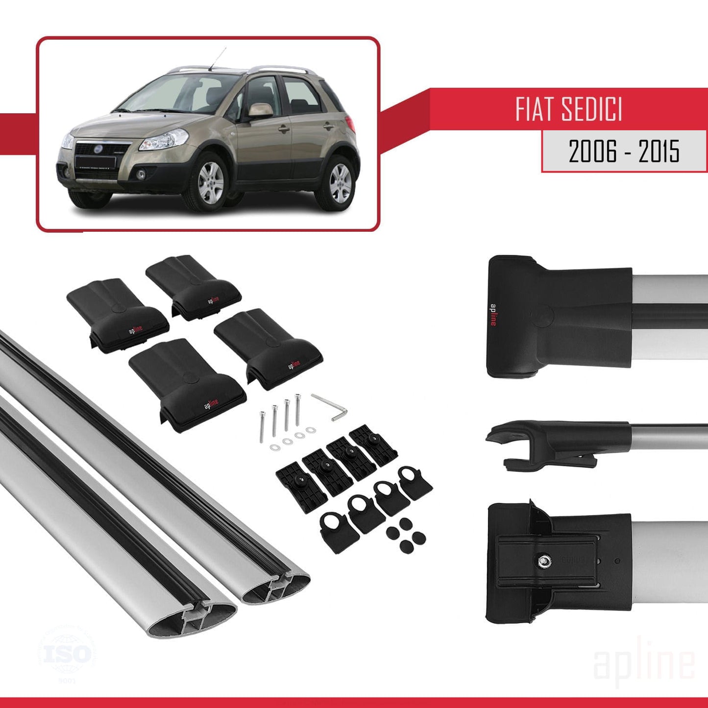 Kompatibel mit Fiat Sedici 2006-2015 FLY Modell Dachgepäckträger, graues Aluminium, 2 Stangen