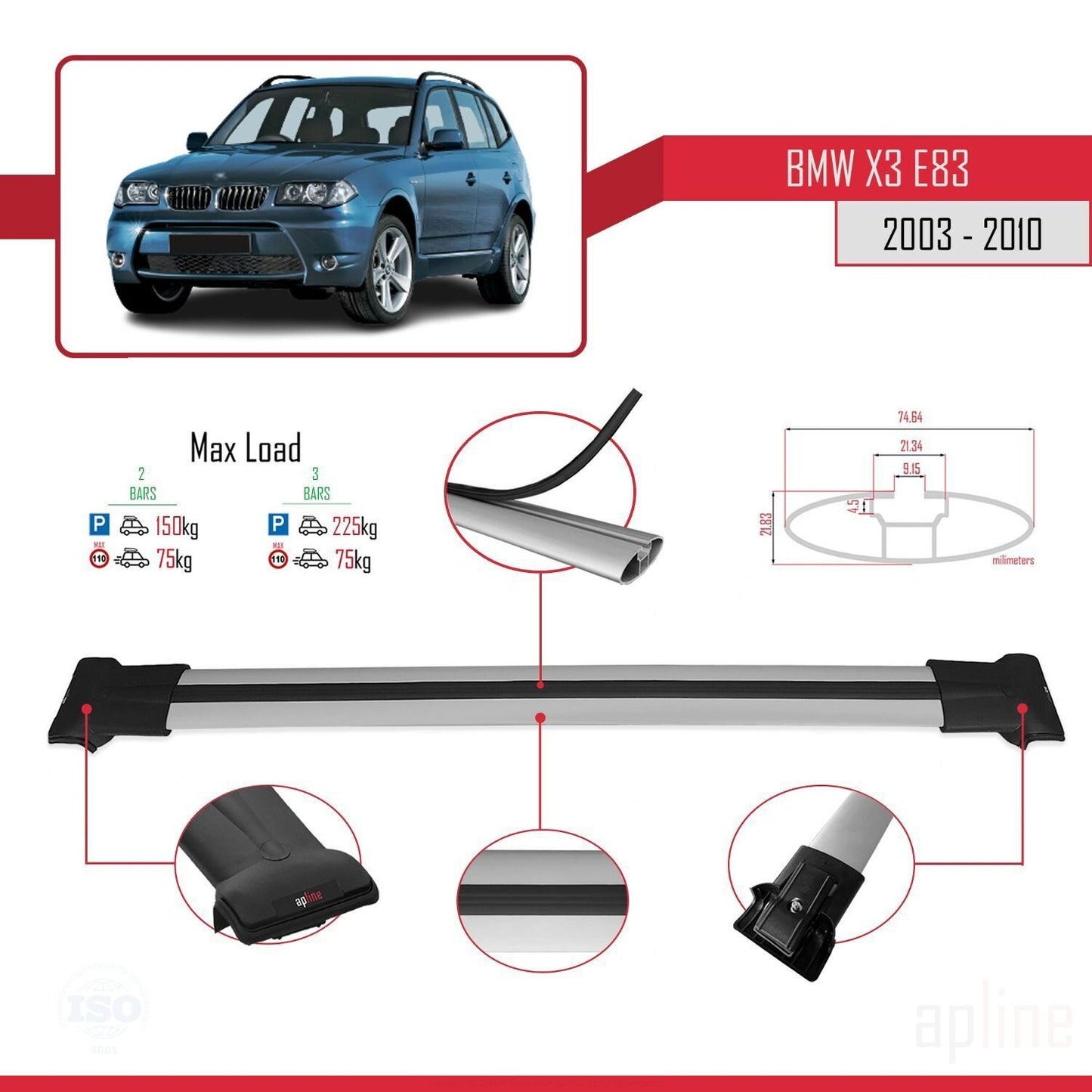 Compatible avec BMW X3 (E83) 2003-2010 FLY Model Barres de Toit Railing Porte-Bagages de Voiture Gris Aluminium 2 Barres