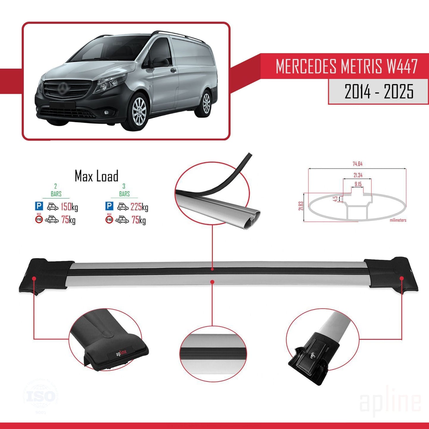 Compatible with Mercedes Metris (W447) 2014-2025 FLY Model Car Roof Rack Cross Bar Grey Aluminium 2 Bars