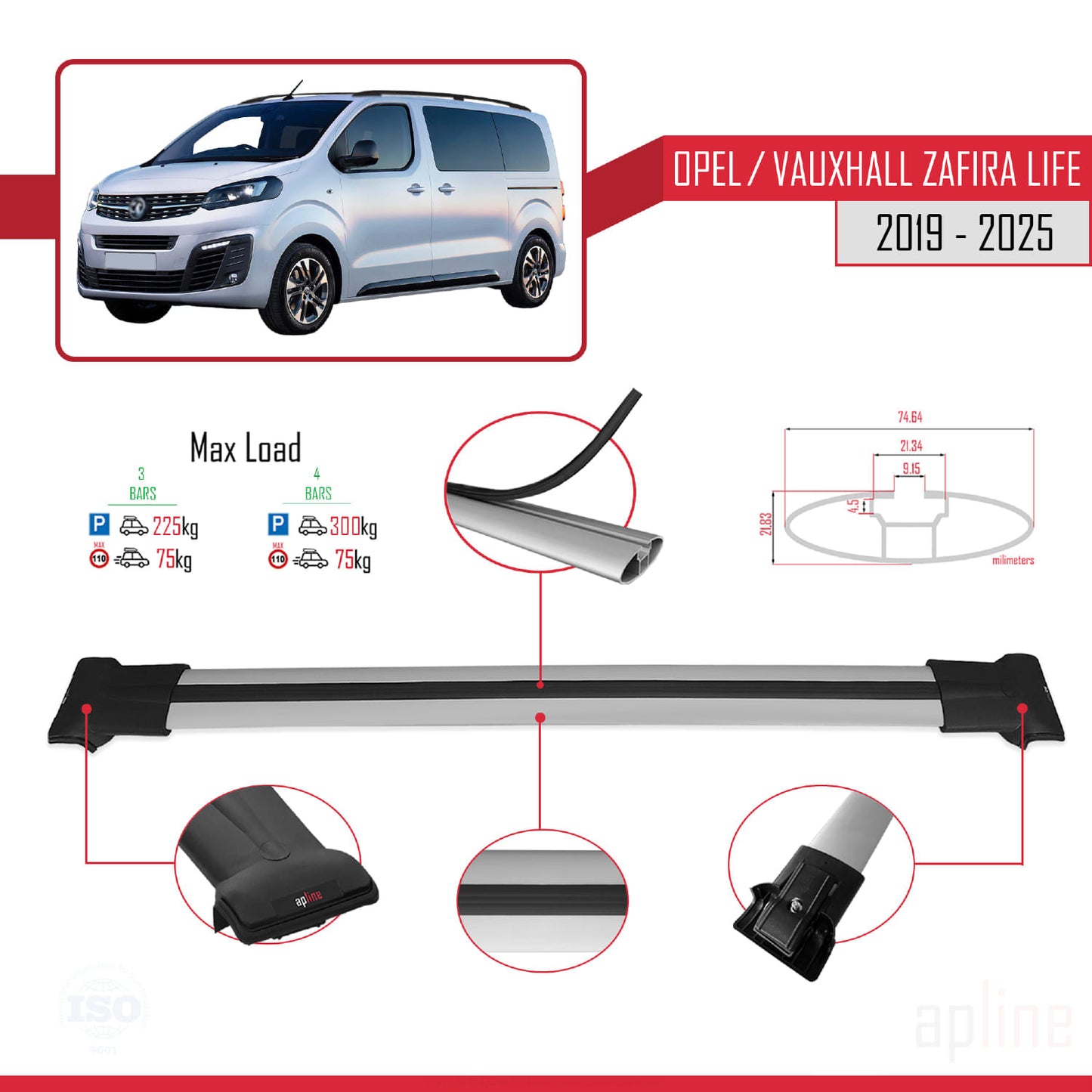 Compatible avec Opel Zafira Life 2019-2025 FLY Model Barres de Toit Railing Porte-Bagages de Voiture Gris Aluminium 3 Barres