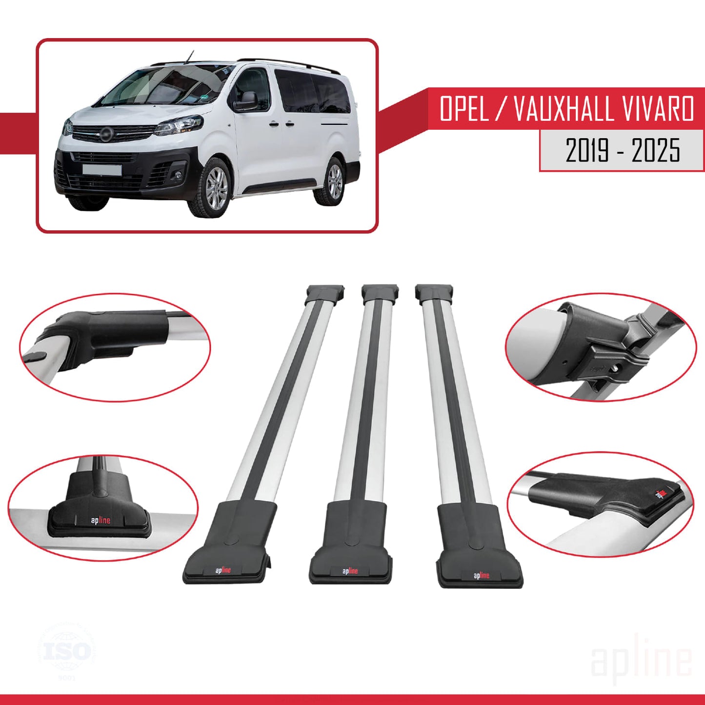 Compatible avec Opel Vivaro C 2019-2025 FLY Model Barres de Toit Railing Porte-Bagages de Voiture Gris Aluminium 3 Barres