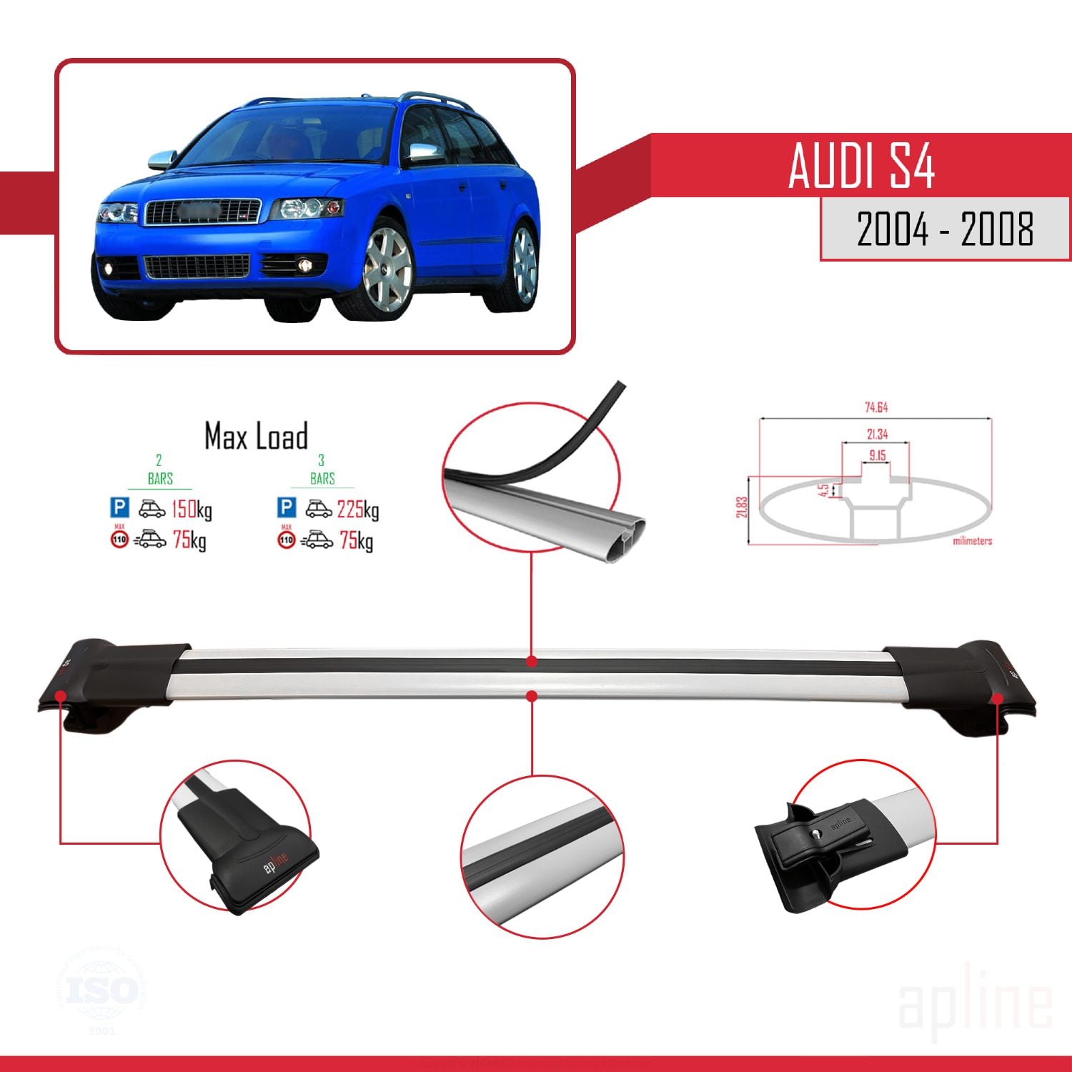 Compatible avec Audi S4 2004-2008 FLY Model Barres de Toit Railing Porte-Bagages de Voiture Gris Aluminium 2 Barres