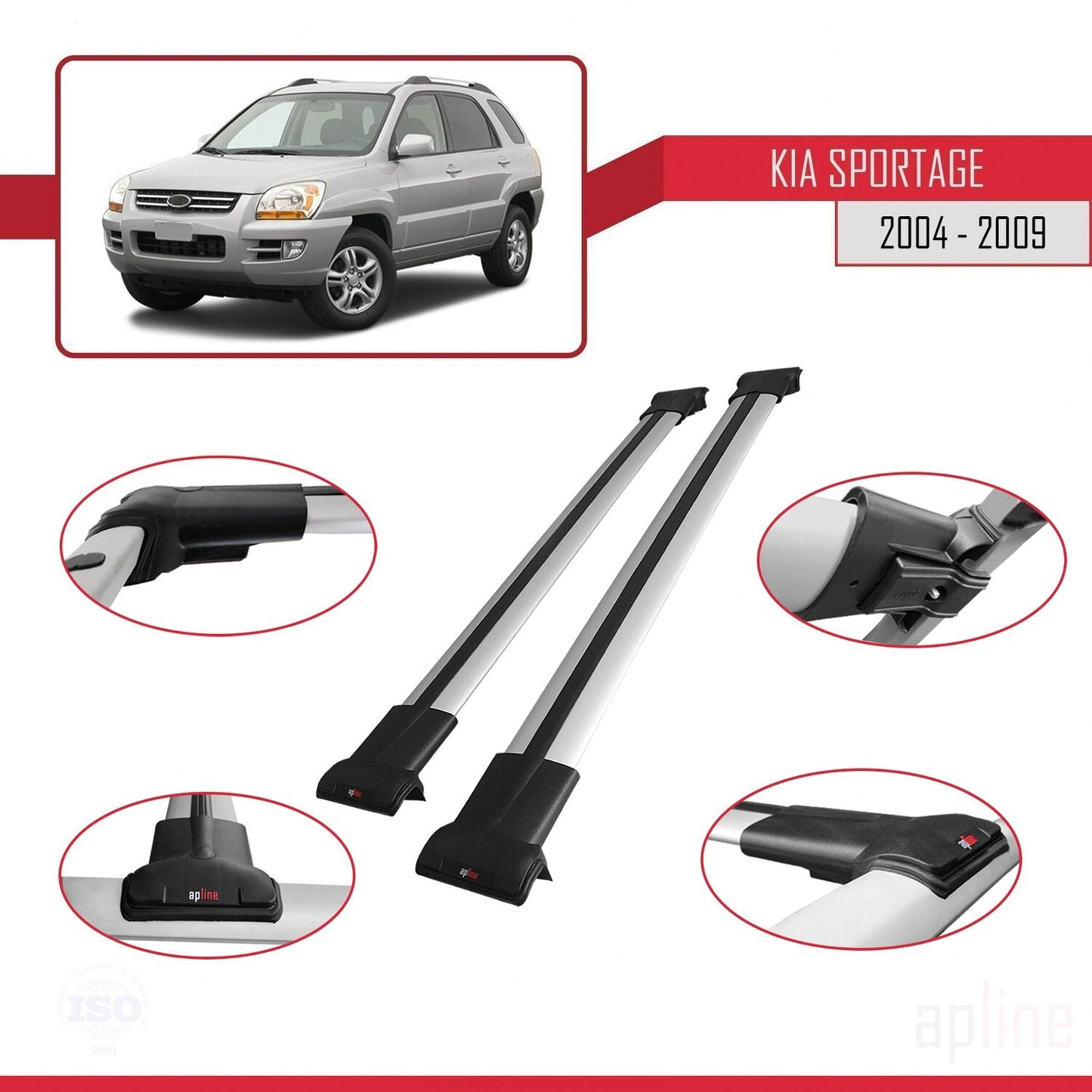 Compatible con Kia Sportage 2 (JE) 2004-2009 FLY Model Barras de Techo Auto Portaequipajes Barras Transversales Gris Aluminio 2 Barras