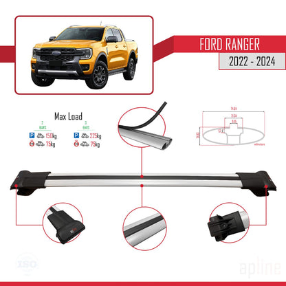 Compatible avec Ford Ranger (P703) 2022-2024 FLY Model Barres de Toit Railing Porte-Bagages de Voiture Gris Aluminium 3 Barres