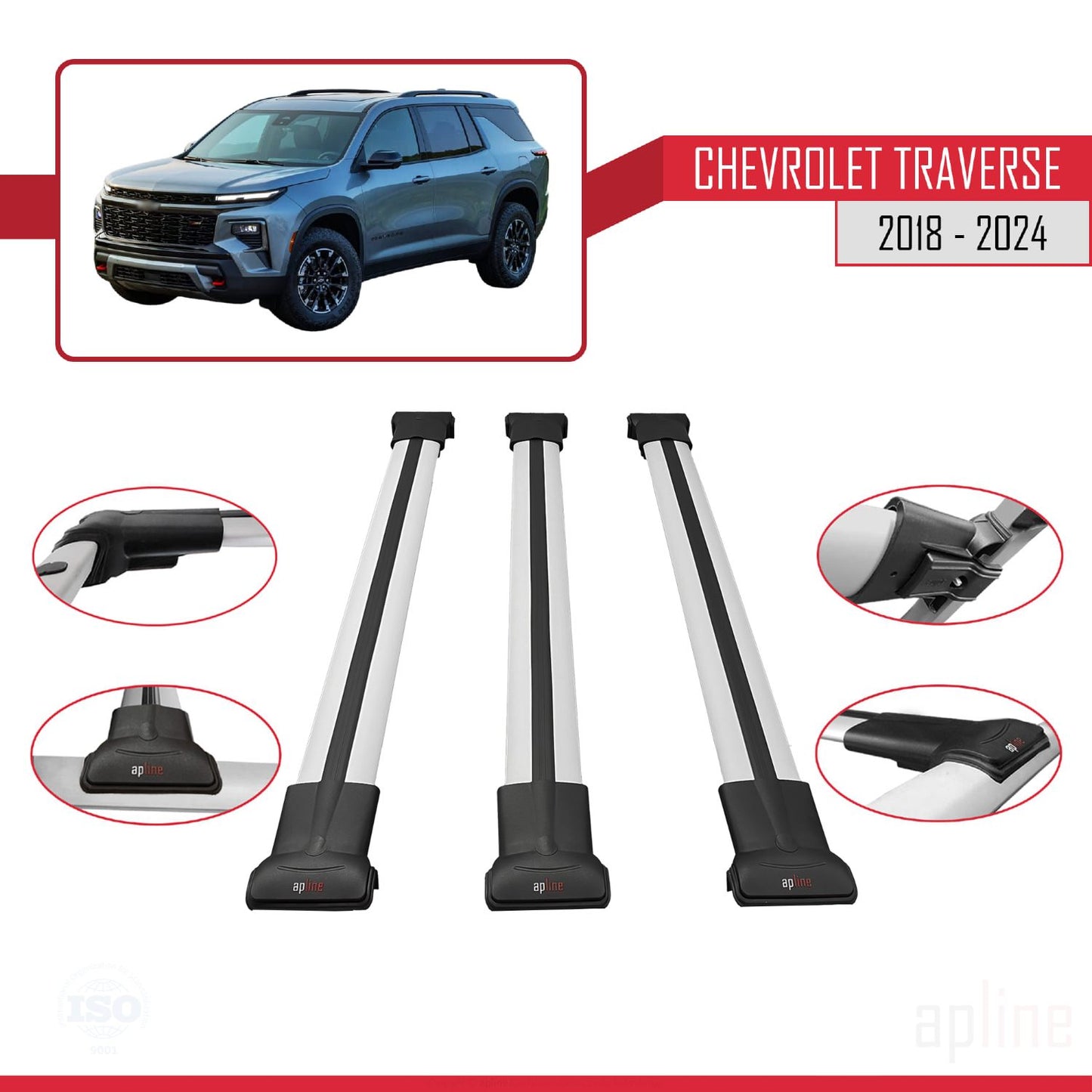 Compatible avec Chevrolet Traverse 2018-2024 FLY Model Barres de Toit Railing Porte-Bagages de Voiture Gris Aluminium 3 Barres