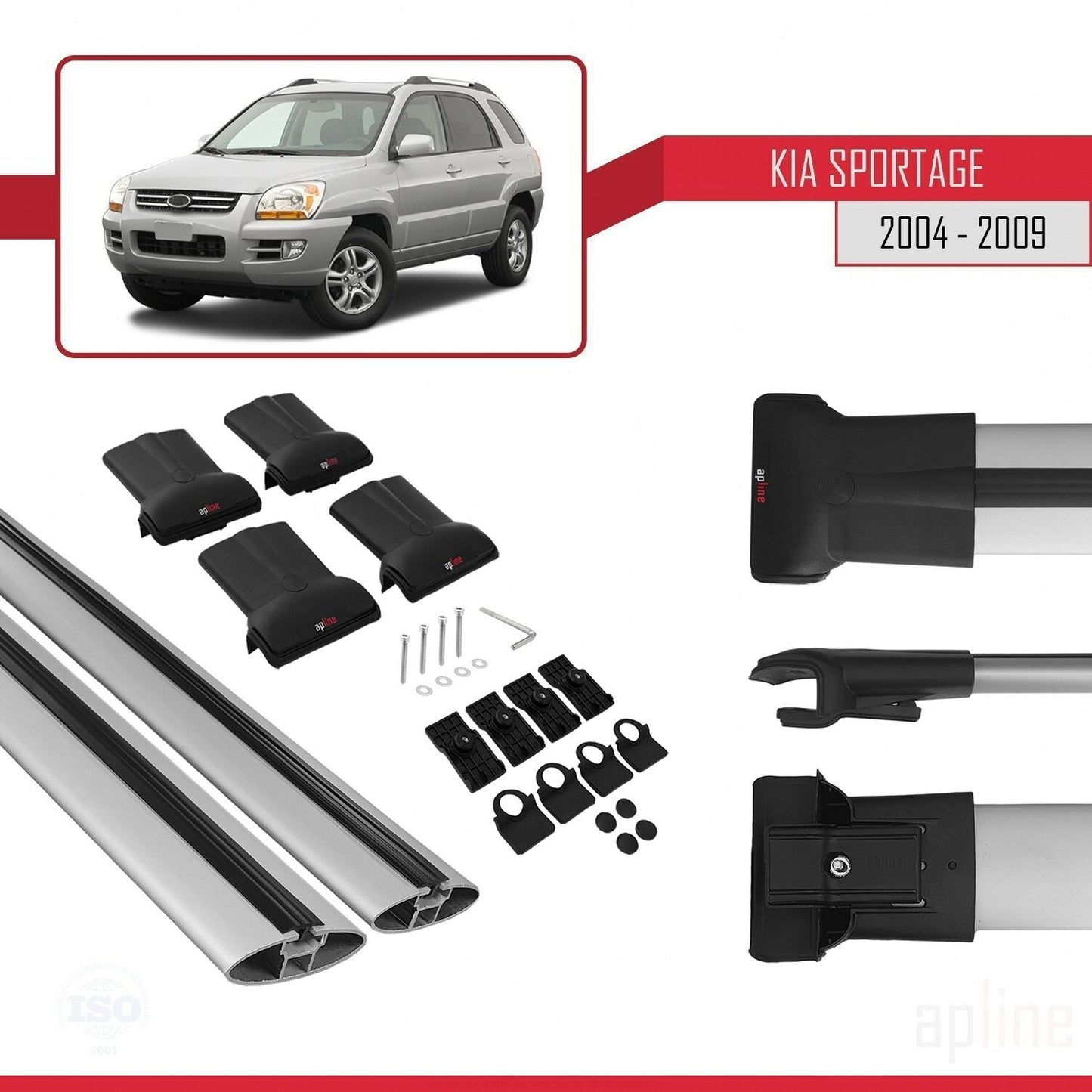 Compatible con Kia Sportage 2 (JE) 2004-2009 FLY Model Barras de Techo Auto Portaequipajes Barras Transversales Gris Aluminio 2 Barras