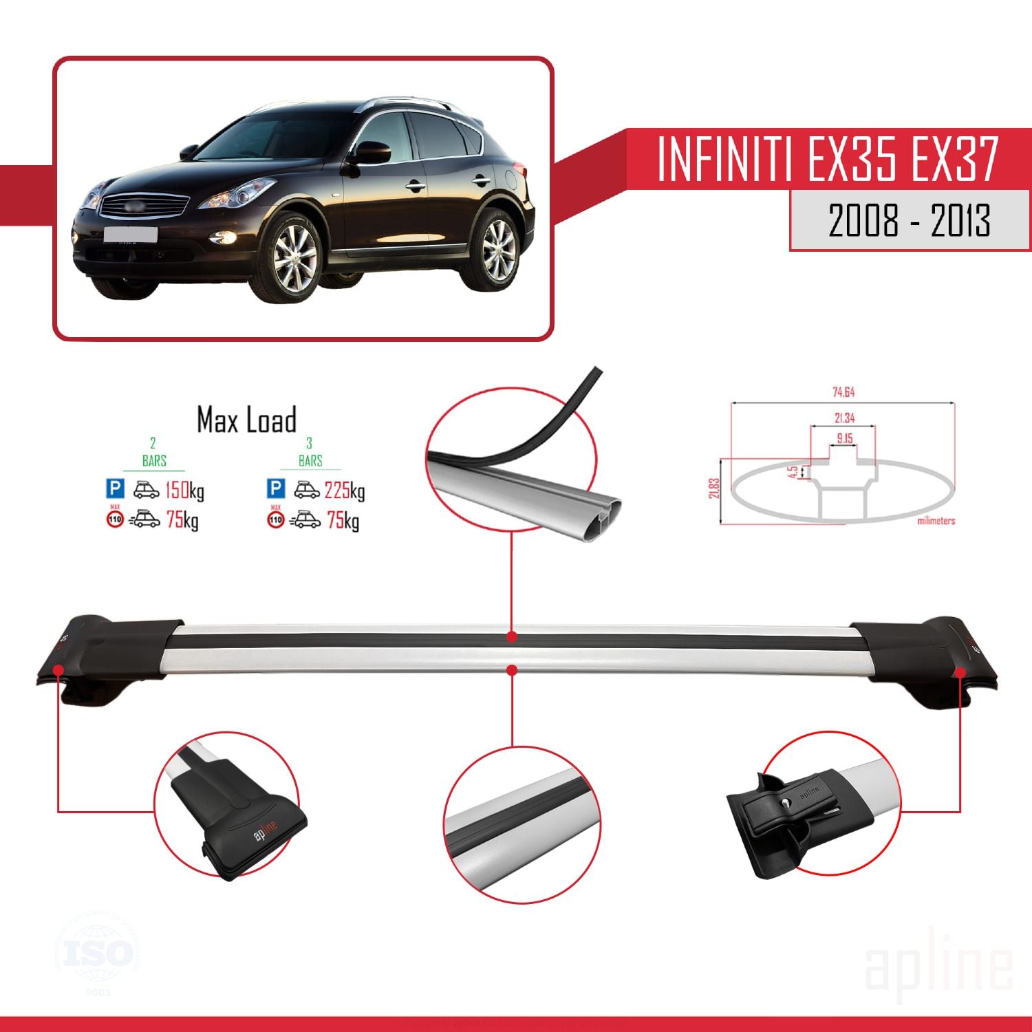 Compatible avec Infiniti EX35 EX37 2008-2013 FLY Model Barres de Toit Railing Porte-Bagages de Voiture Gris Aluminium 3 Barres