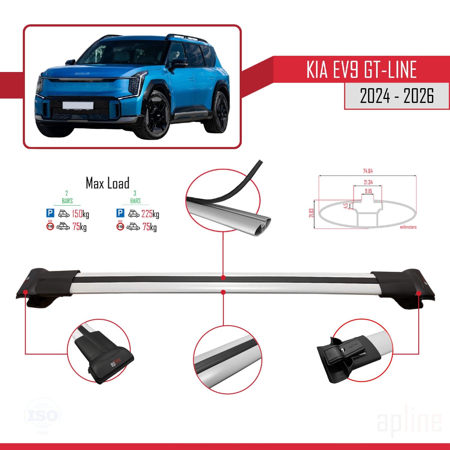Compatible avec KIA EV9 GT-LINE 2024-2025 FLY Model Barres de Toit Railing Porte-Bagages de Voiture Gris Aluminium 3 Barres